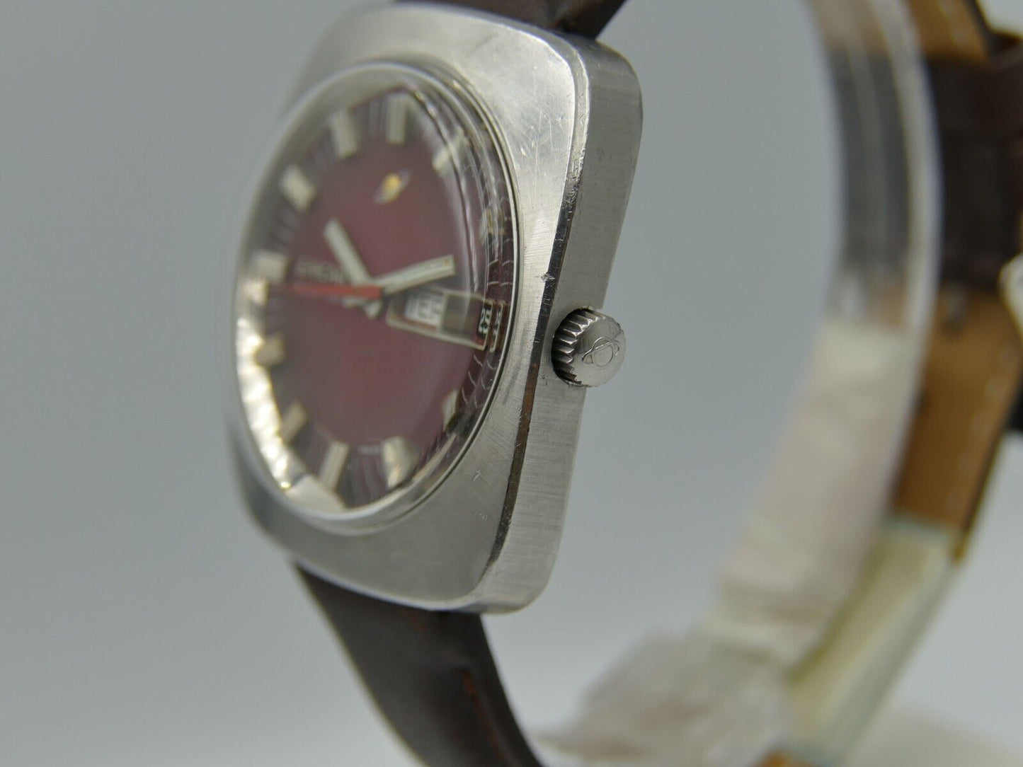 70's vintage watch mens Enicar steel jumbo oversize burgundy automatic AR 167