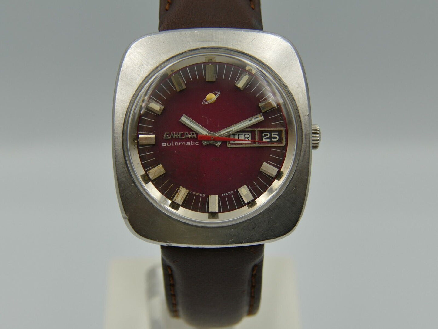 70's vintage watch mens Enicar steel jumbo oversize burgundy automatic AR 167