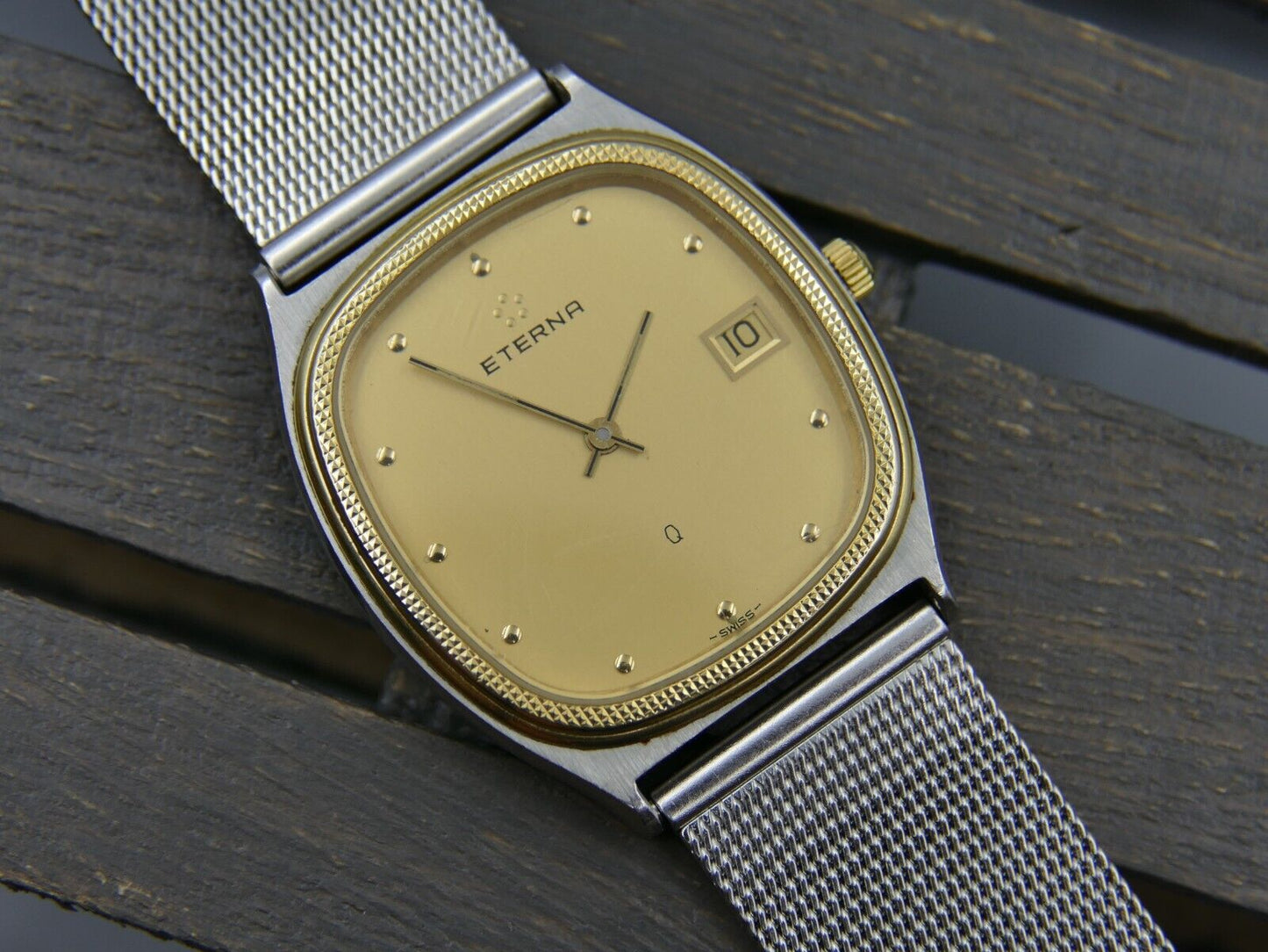 80's vintage watch mens Eterna ref. 122.2122.46 quartz Eta 955.411 steel & gold