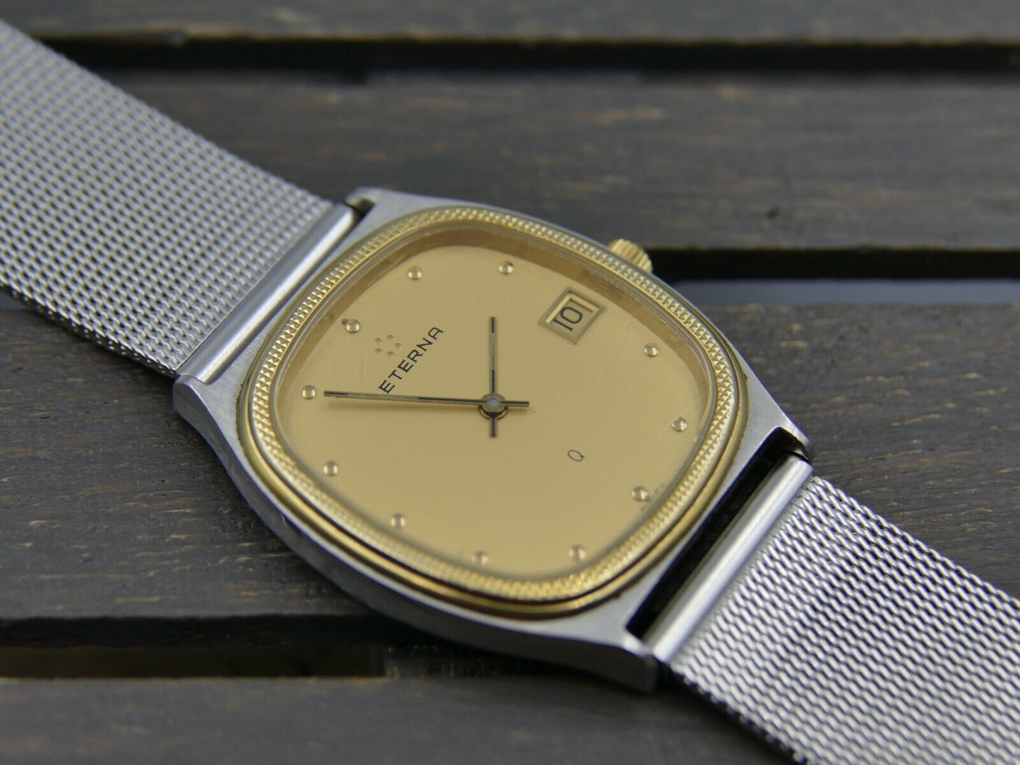 80's vintage watch mens Eterna ref. 122.2122.46 quartz Eta 955.411 steel & gold