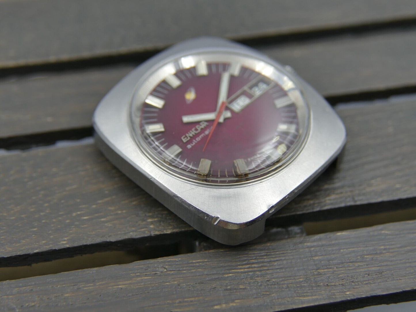 70's vintage watch mens Enicar steel jumbo oversize burgundy automatic AR 167