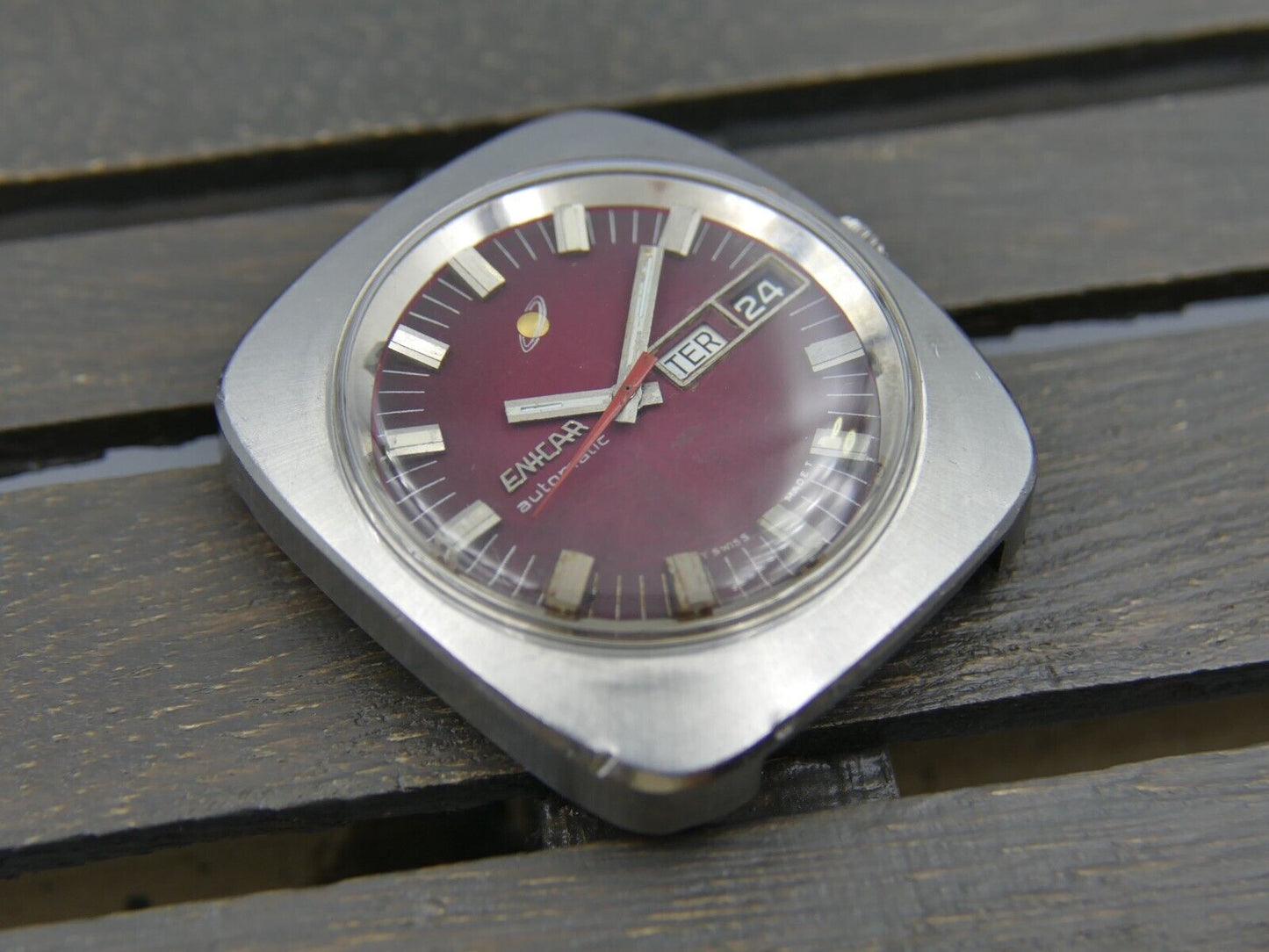 70's vintage watch mens Enicar steel jumbo oversize burgundy automatic AR 167