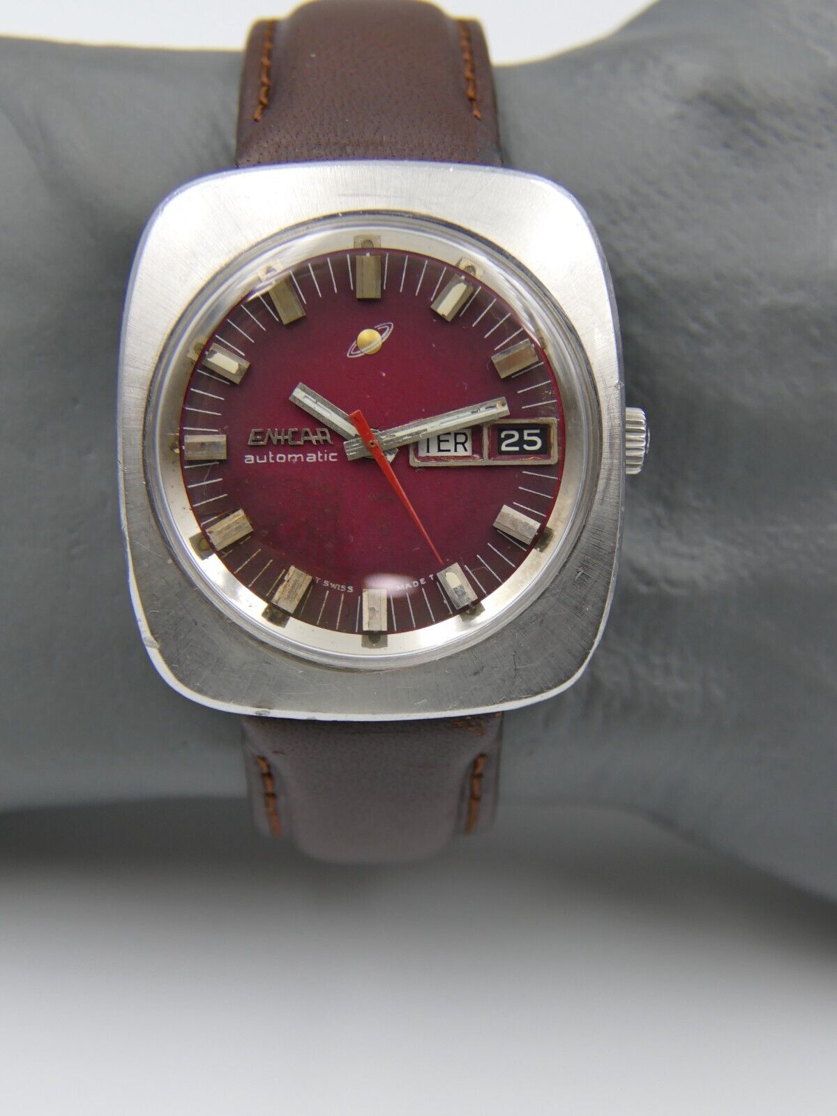 70's vintage watch mens Enicar steel jumbo oversize burgundy automatic AR 167