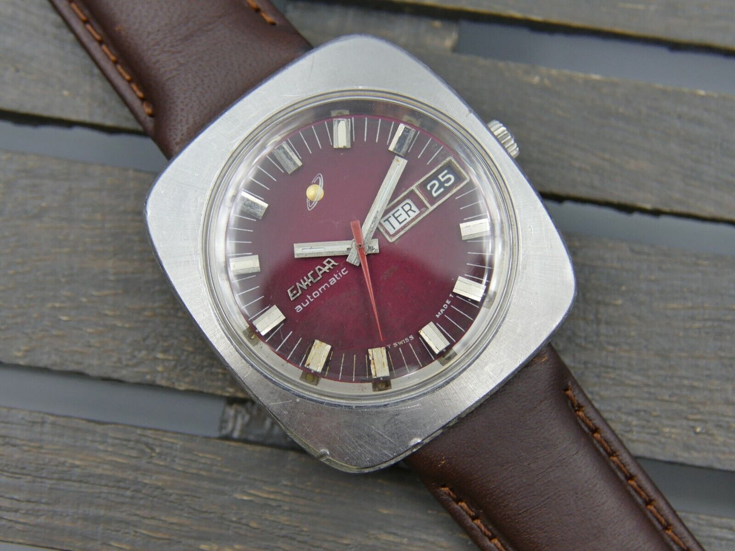 70's vintage watch mens Enicar steel jumbo oversize burgundy automatic AR 167
