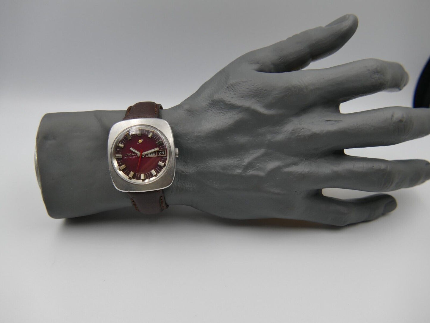 70's vintage watch mens Enicar steel jumbo oversize burgundy automatic AR 167