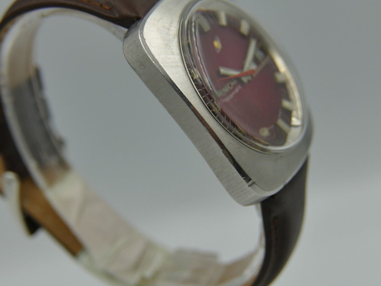 70's vintage watch mens Enicar steel jumbo oversize burgundy automatic AR 167