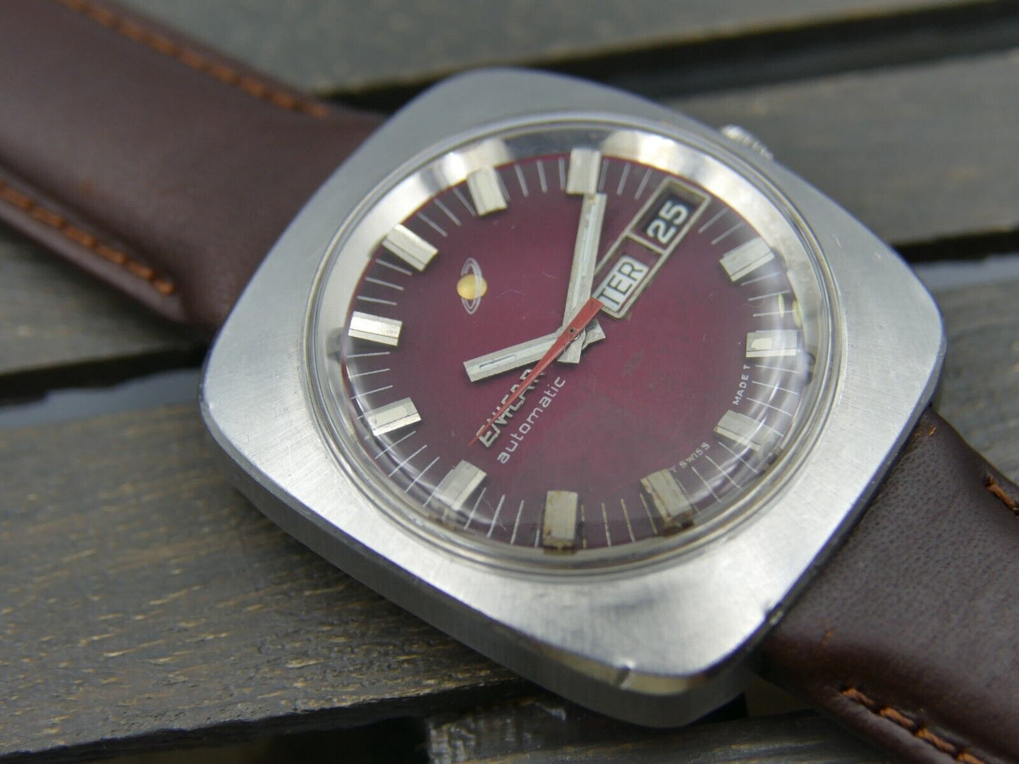 70's vintage watch mens Enicar steel jumbo oversize burgundy automatic AR 167