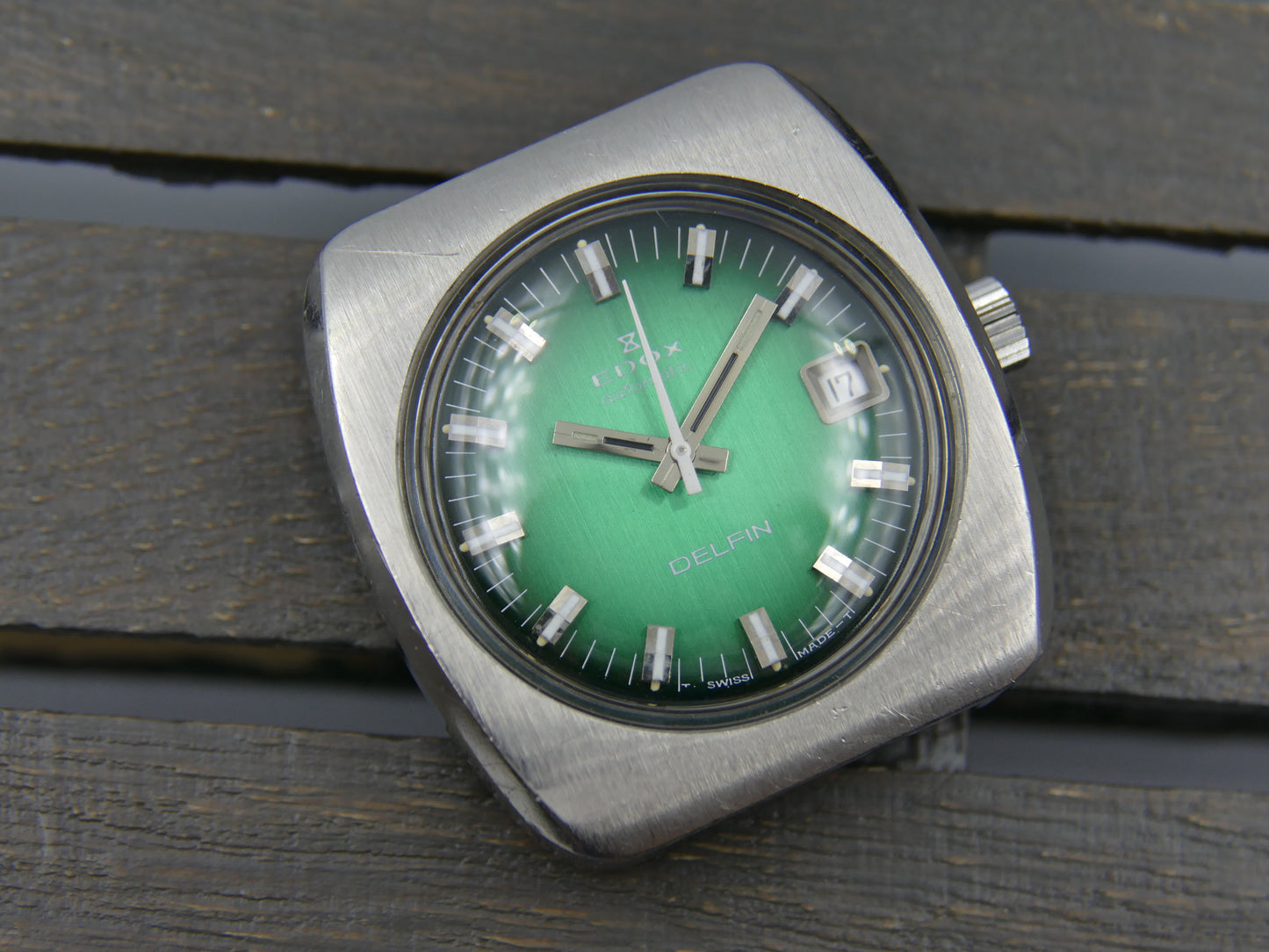 70's vintage watch mens Edox DELFIN automatic Eta 2783 green dial serviced rare