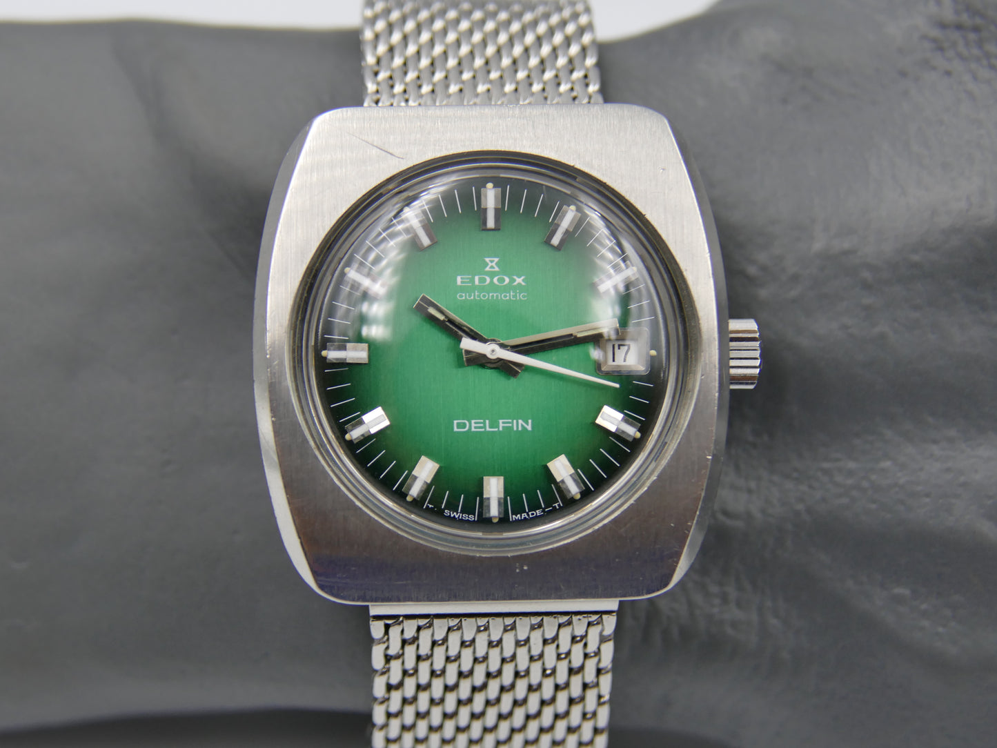 70's vintage watch mens Edox DELFIN automatic Eta 2783 green dial serviced rare
