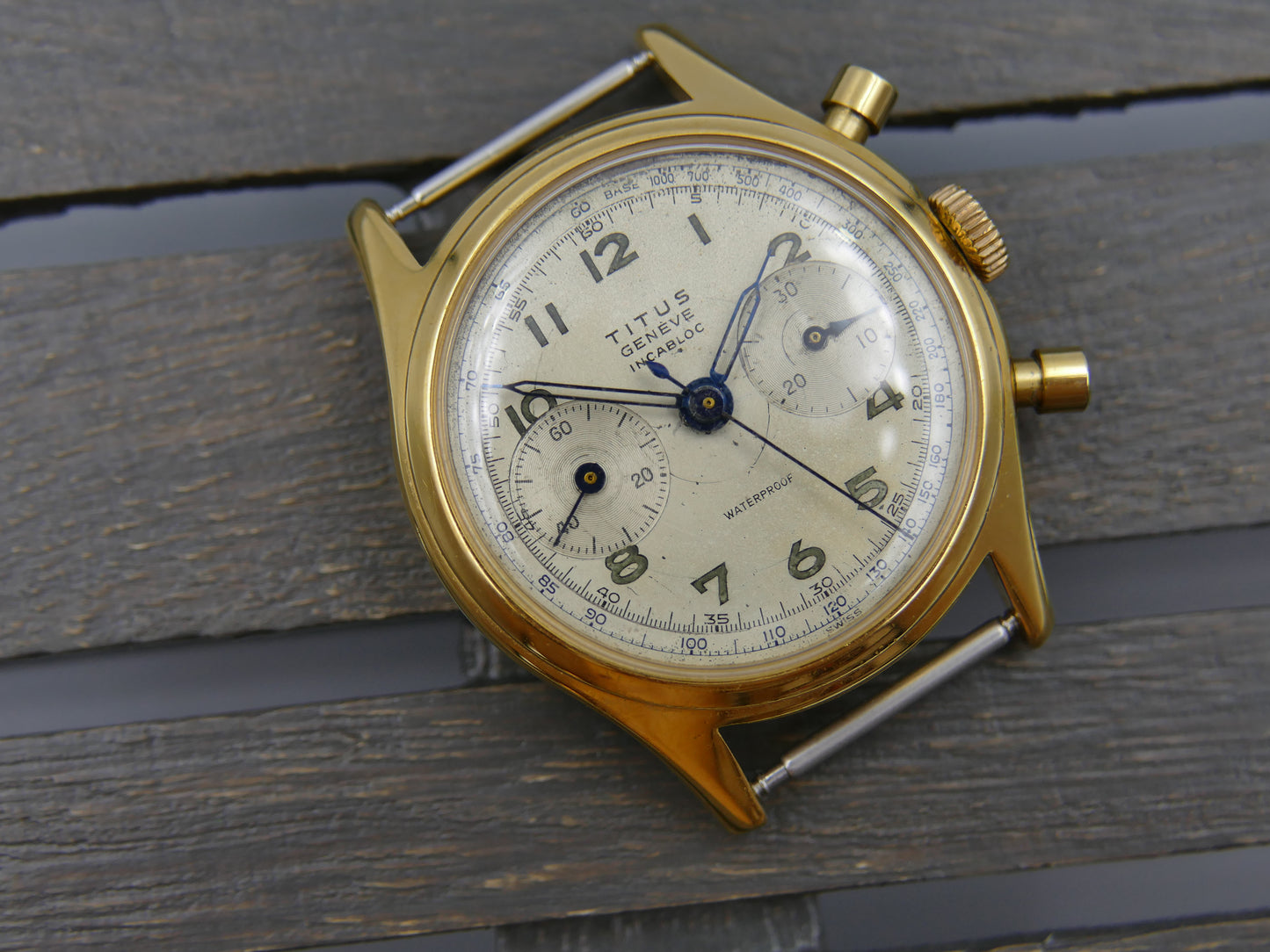 50's vintage watch mens Titus Genève ref 957 Chronograph Landeron 48 gold pl 37mm
