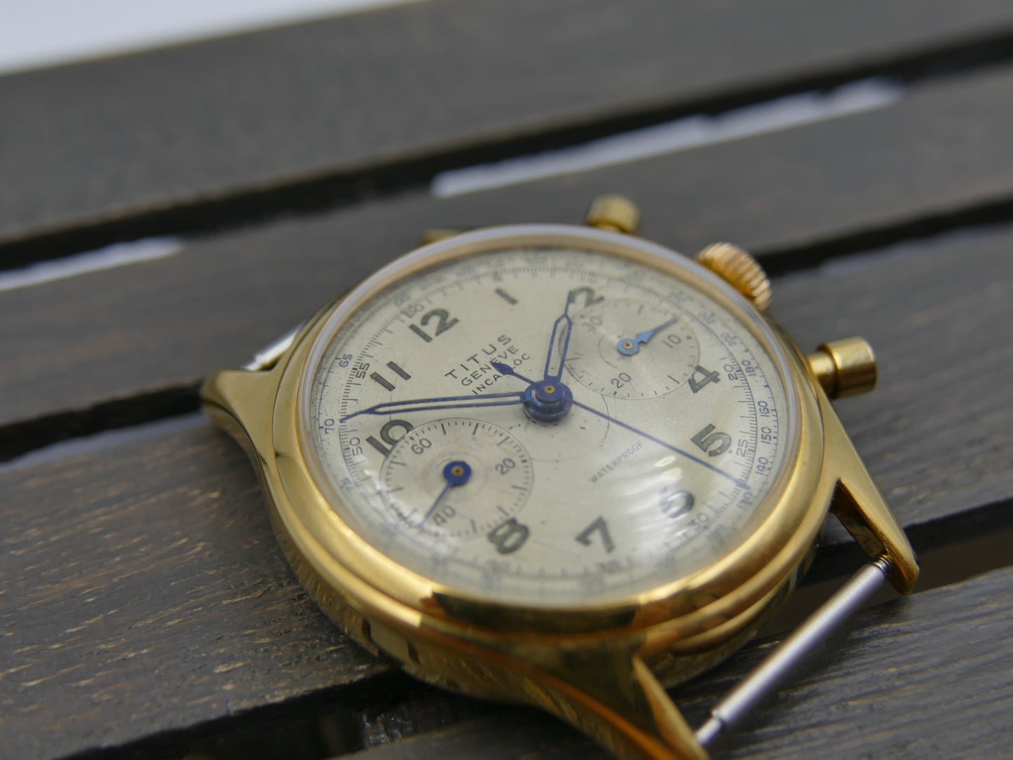 50's vintage watch mens Titus Genève ref 957 Chronograph Landeron 48 gold pl 37mm