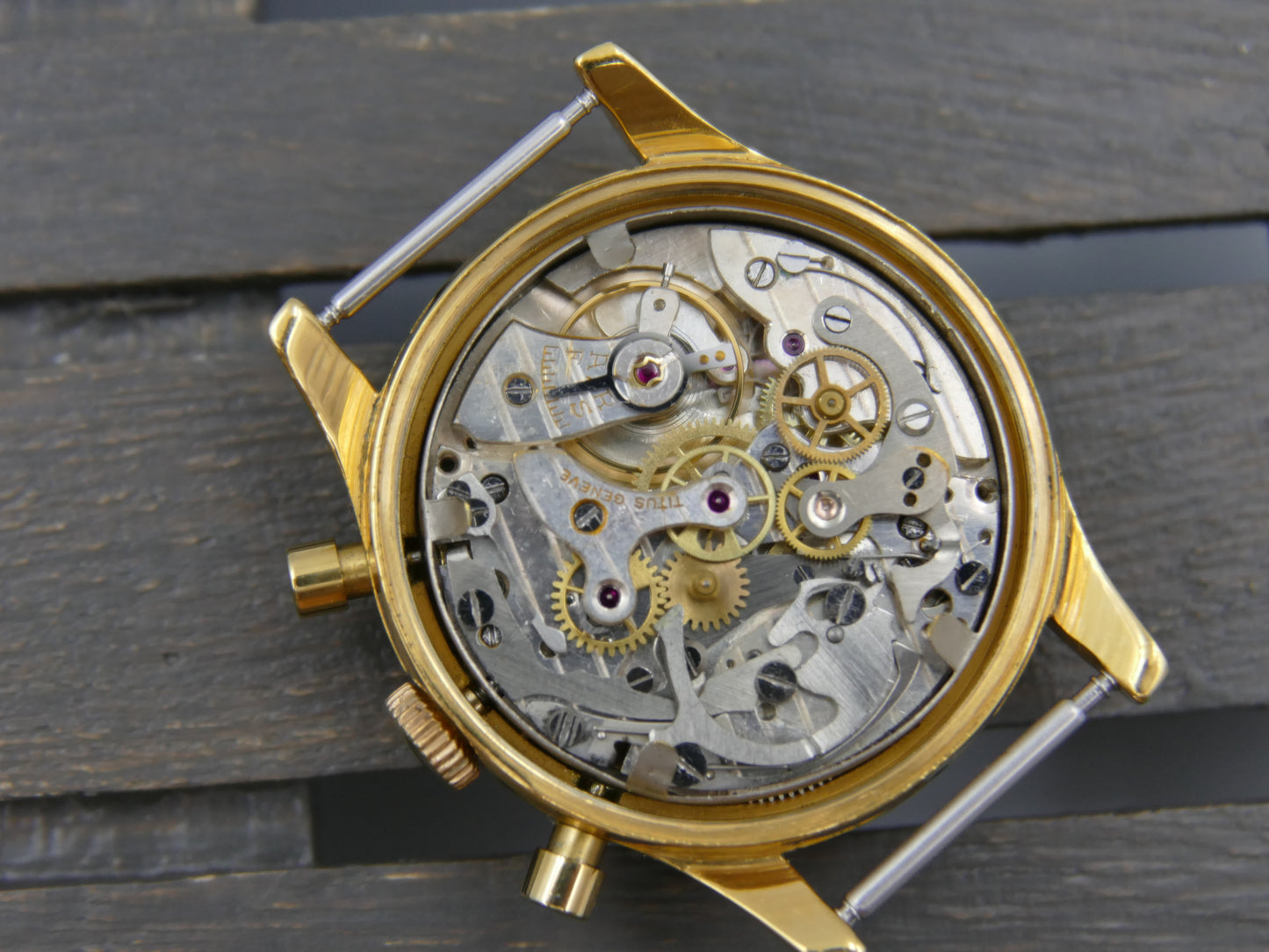 50's vintage watch mens Titus Genève ref 957 Chronograph Landeron 48 gold pl 37mm