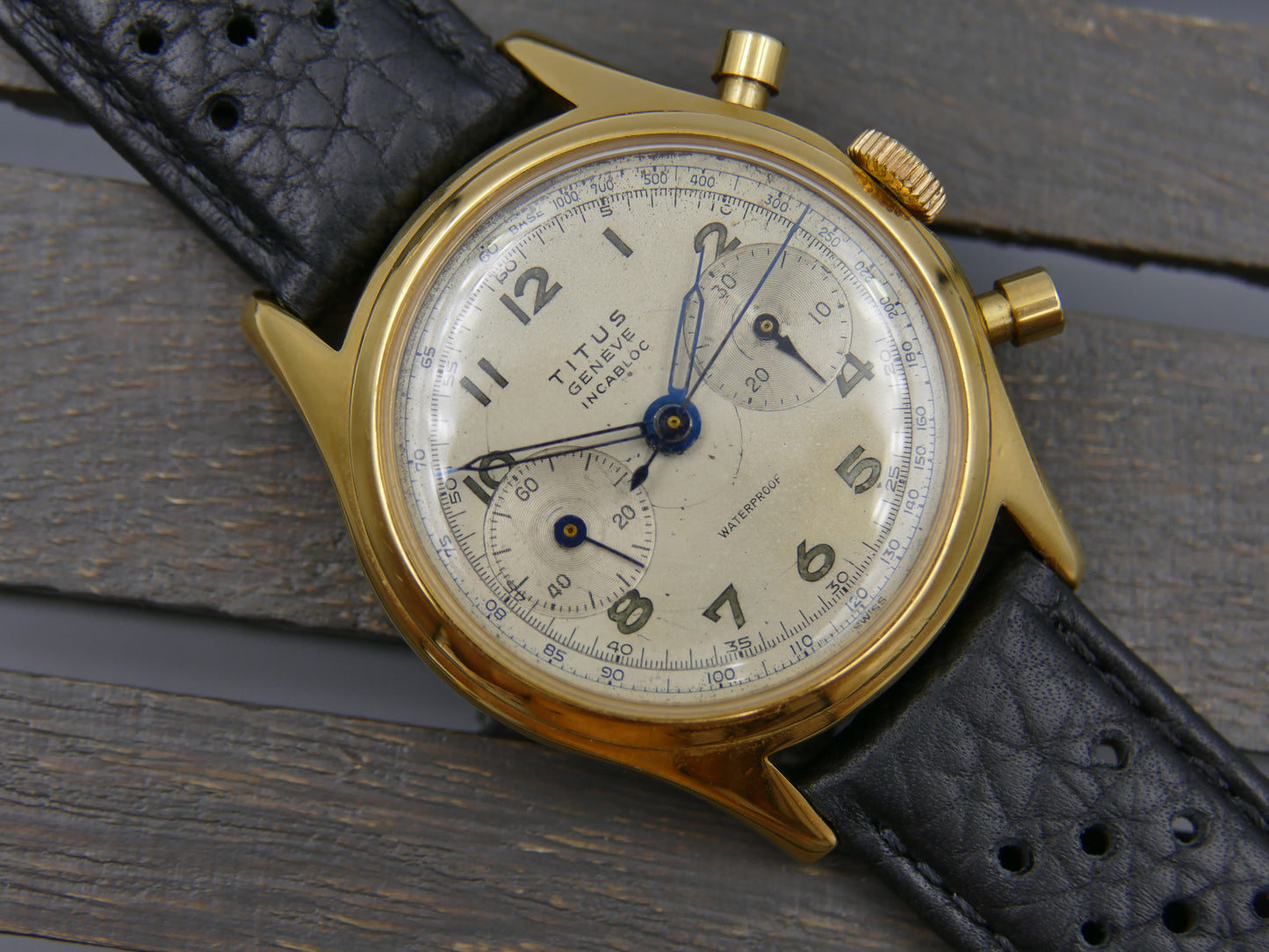 50's vintage watch mens Titus Genève ref 957 Chronograph Landeron 48 gold pl 37mm