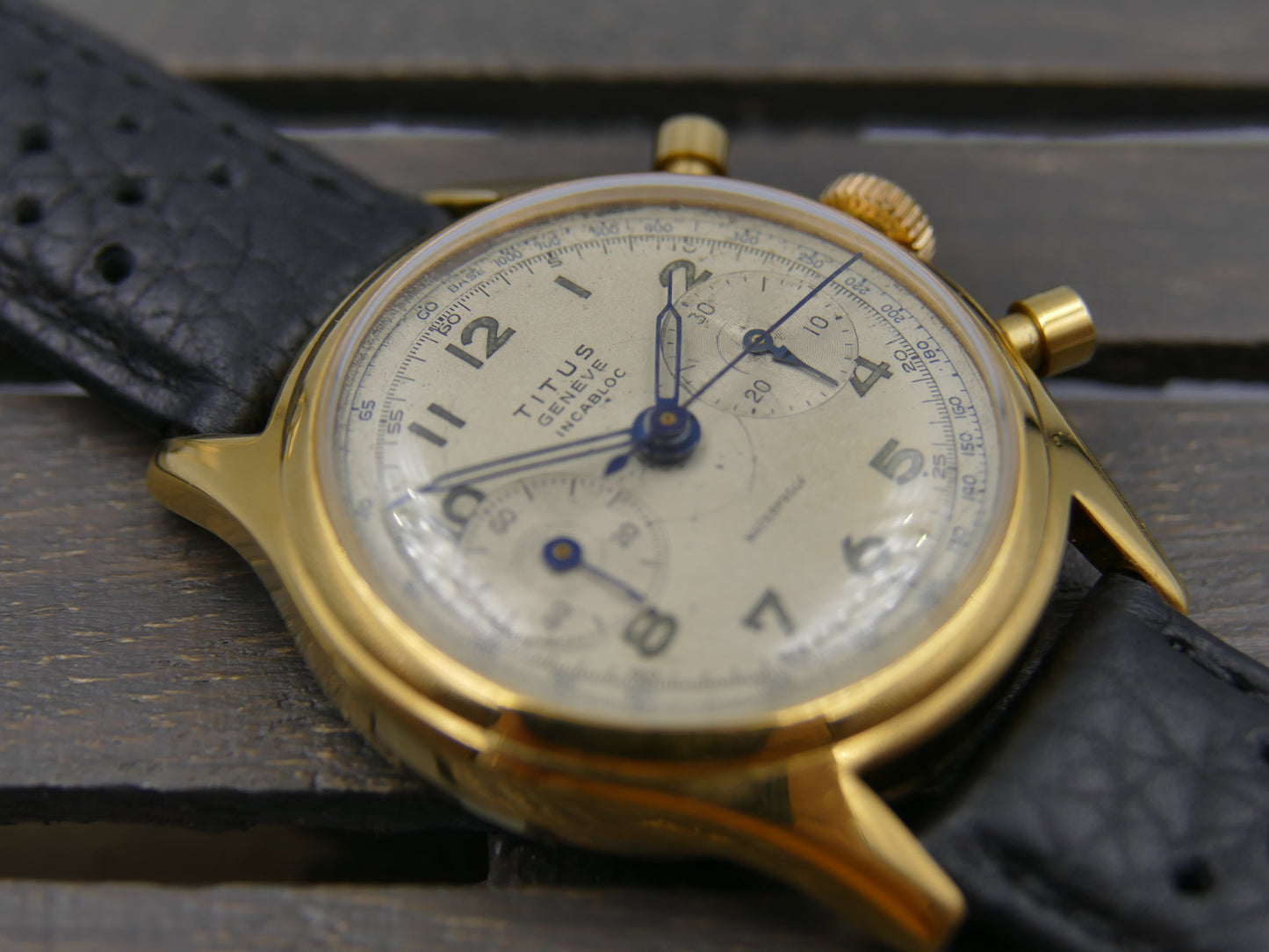 50's vintage watch mens Titus Genève ref 957 Chronograph Landeron 48 gold pl 37mm