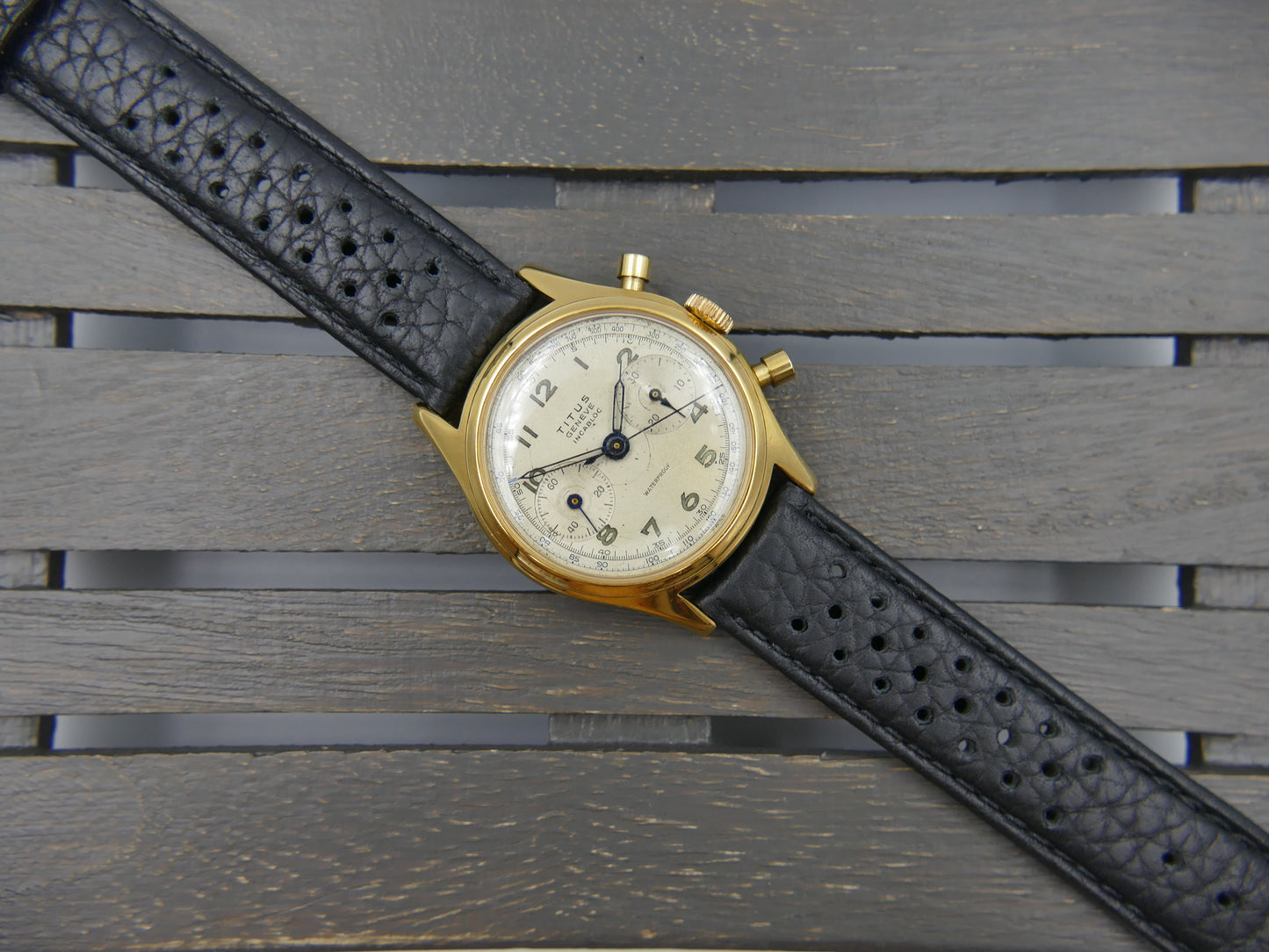 50's vintage watch mens Titus Genève ref 957 Chronograph Landeron 48 gold pl 37mm