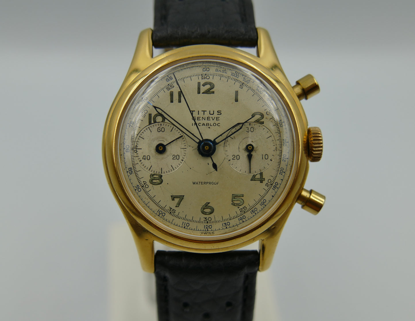 50's vintage watch mens Titus Genève ref 957 Chronograph Landeron 48 gold pl 37mm