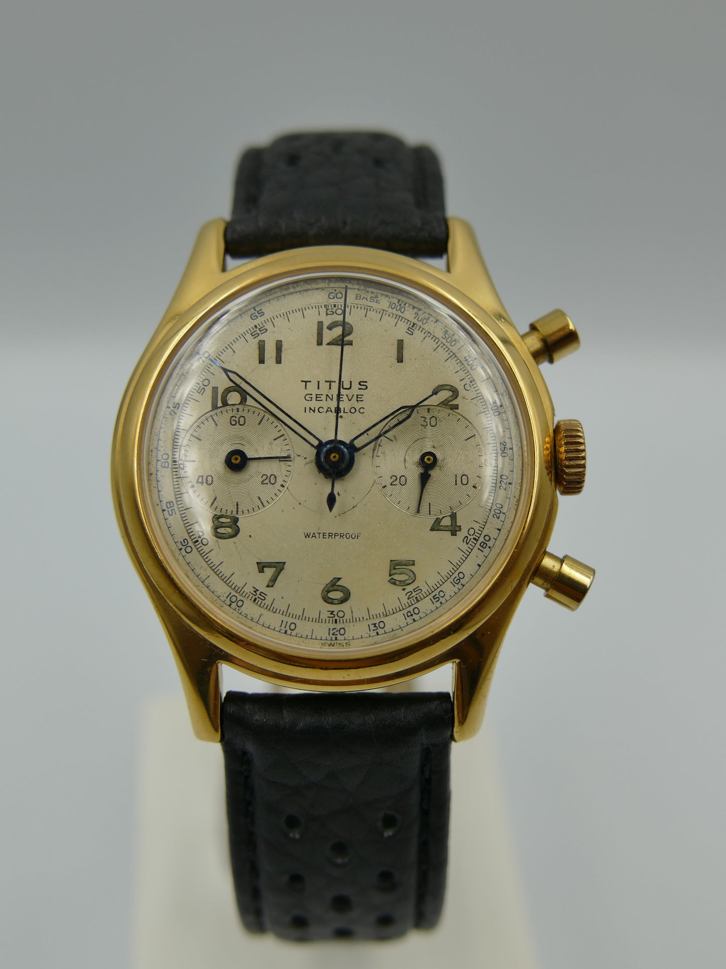 50's vintage watch mens Titus Genève ref 957 Chronograph Landeron 48 gold pl 37mm