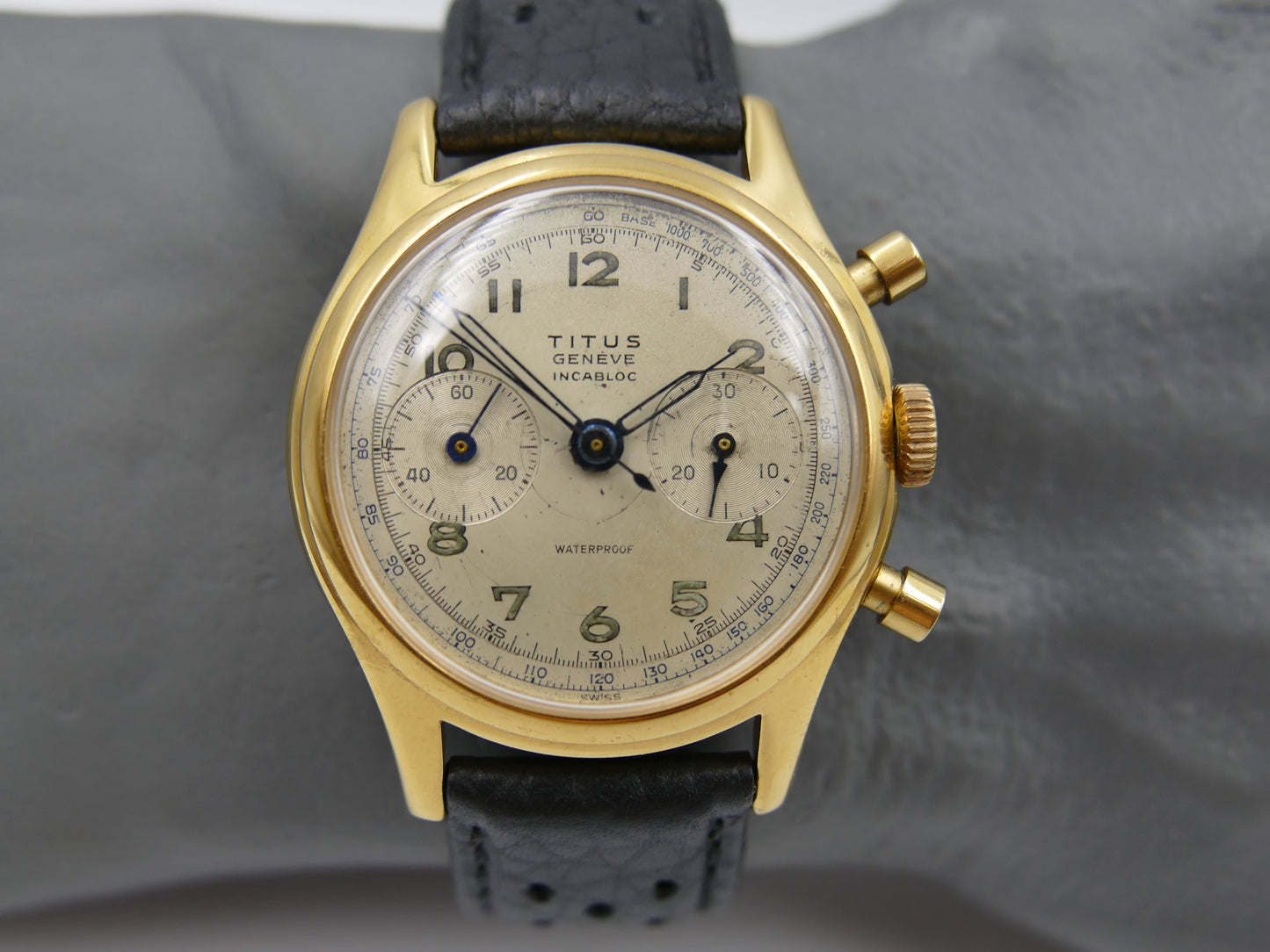 50's vintage watch mens Titus Genève ref 957 Chronograph Landeron 48 gold pl 37mm