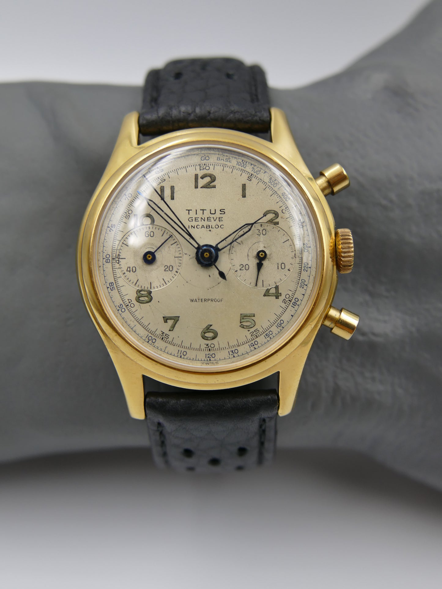 50's vintage watch mens Titus Genève ref 957 Chronograph Landeron 48 gold pl 37mm