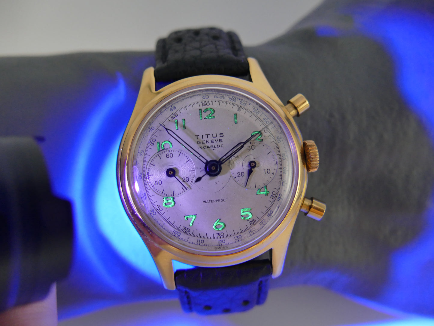 50's vintage watch mens Titus Genève ref 957 Chronograph Landeron 48 gold pl 37mm