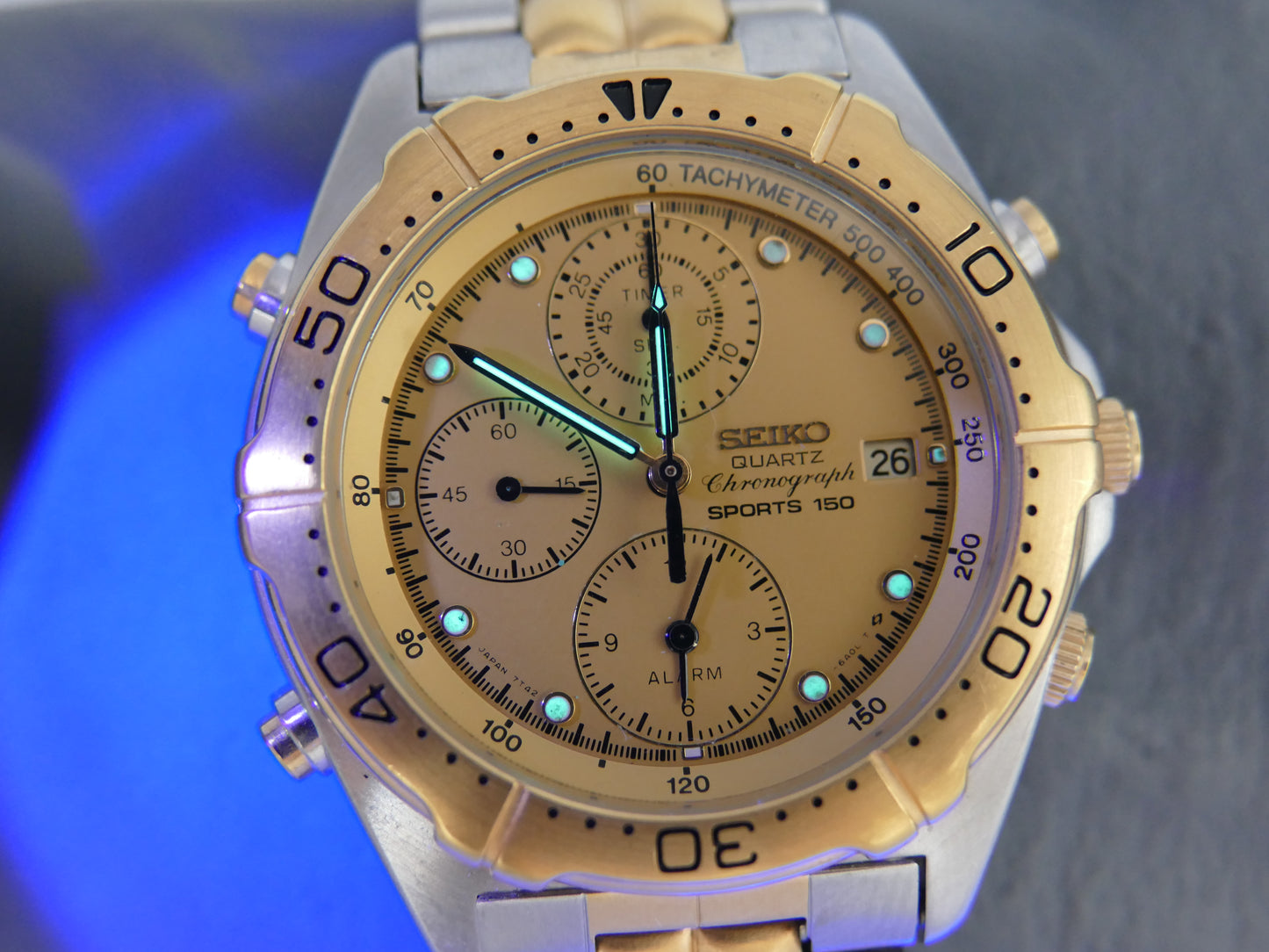 90's vintage watch mens Seiko 7T42-6A00 Chronograph sports 150 alarm MINT w/box