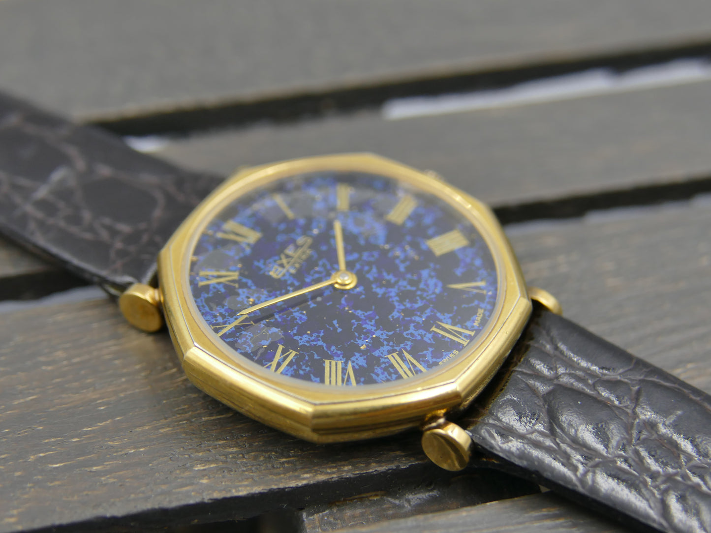 vintage watch mens swiss Axes extra thin Lapis Lazuli Peseux 7001 mint