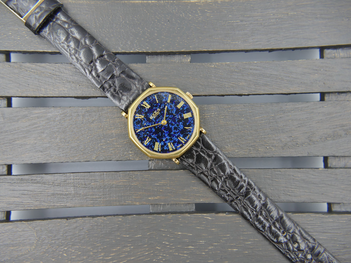vintage watch mens swiss Axes extra thin Lapis Lazuli Peseux 7001 mint