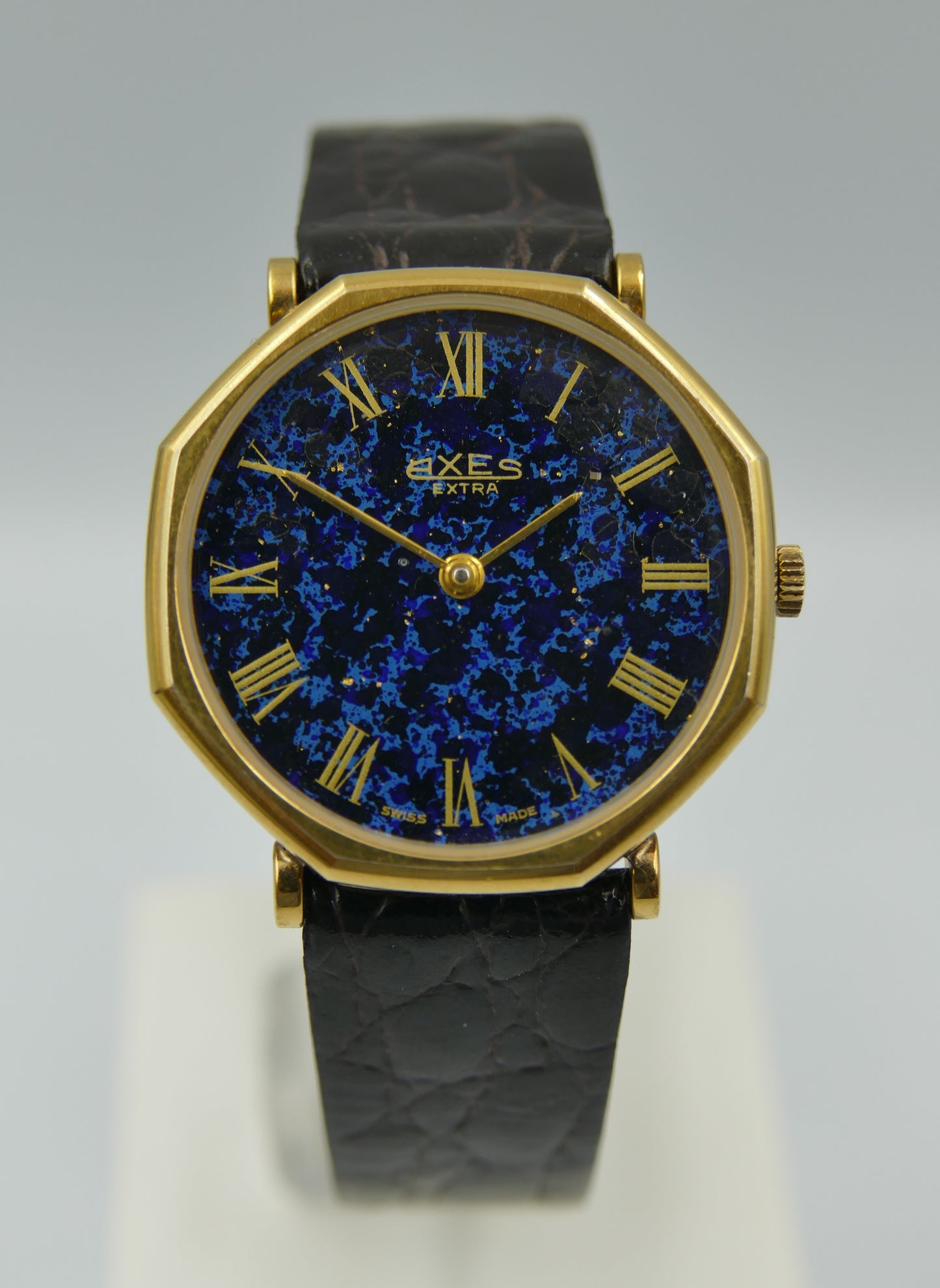vintage watch mens swiss Axes extra thin Lapis Lazuli Peseux 7001 mint