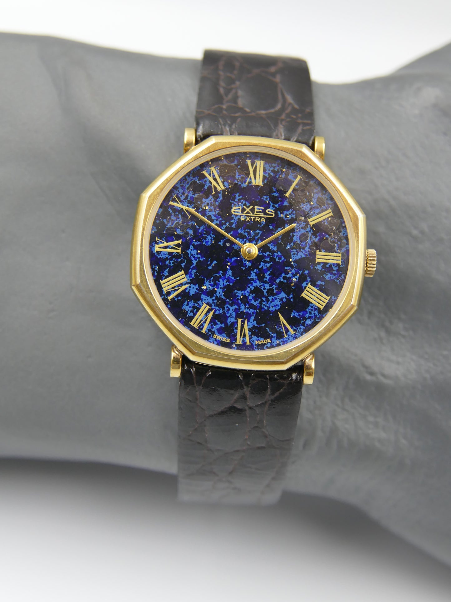 vintage watch mens swiss Axes extra thin Lapis Lazuli Peseux 7001 mint