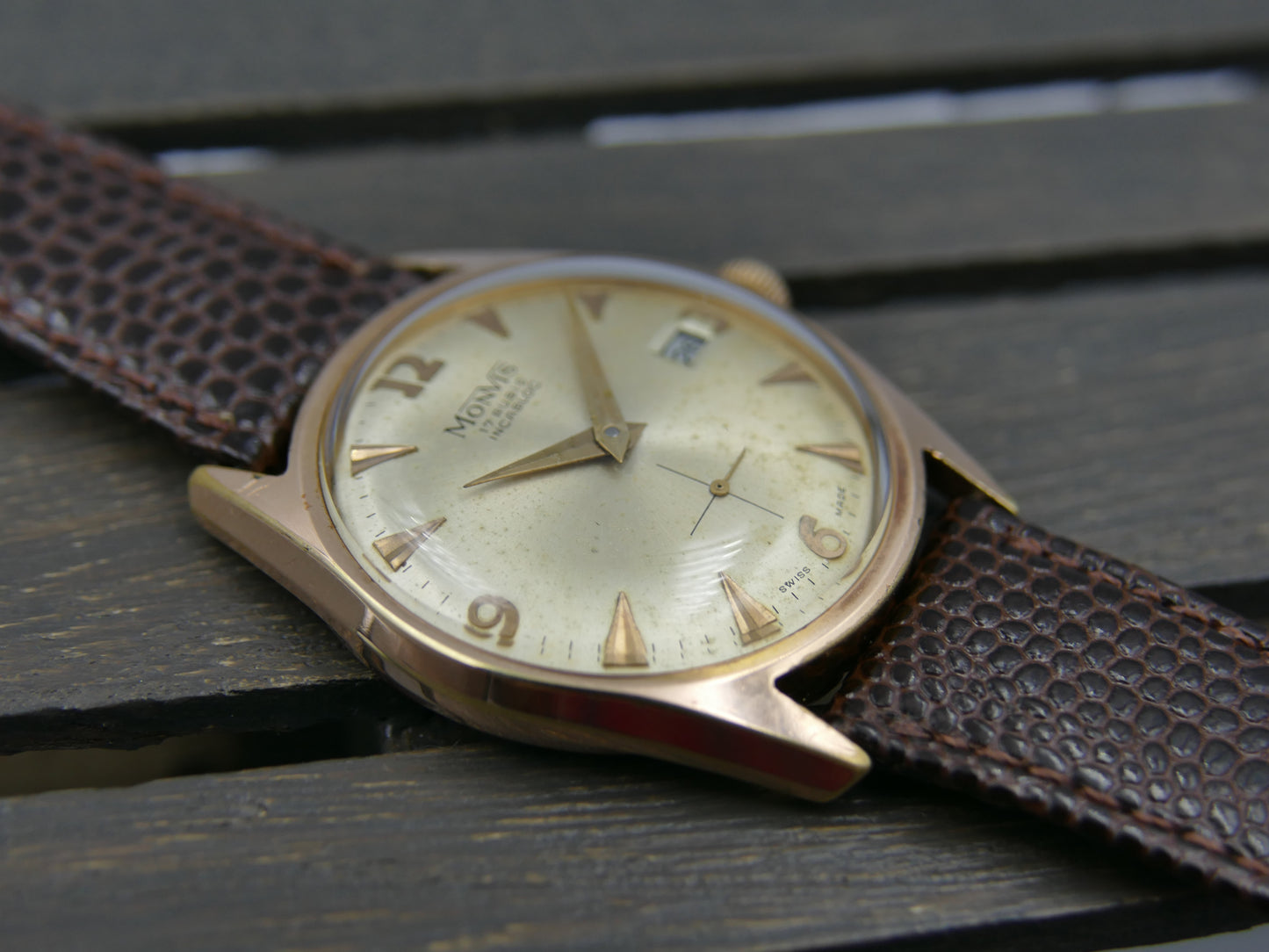 vintage watch mens swiss dress Monvis 408 gold pl