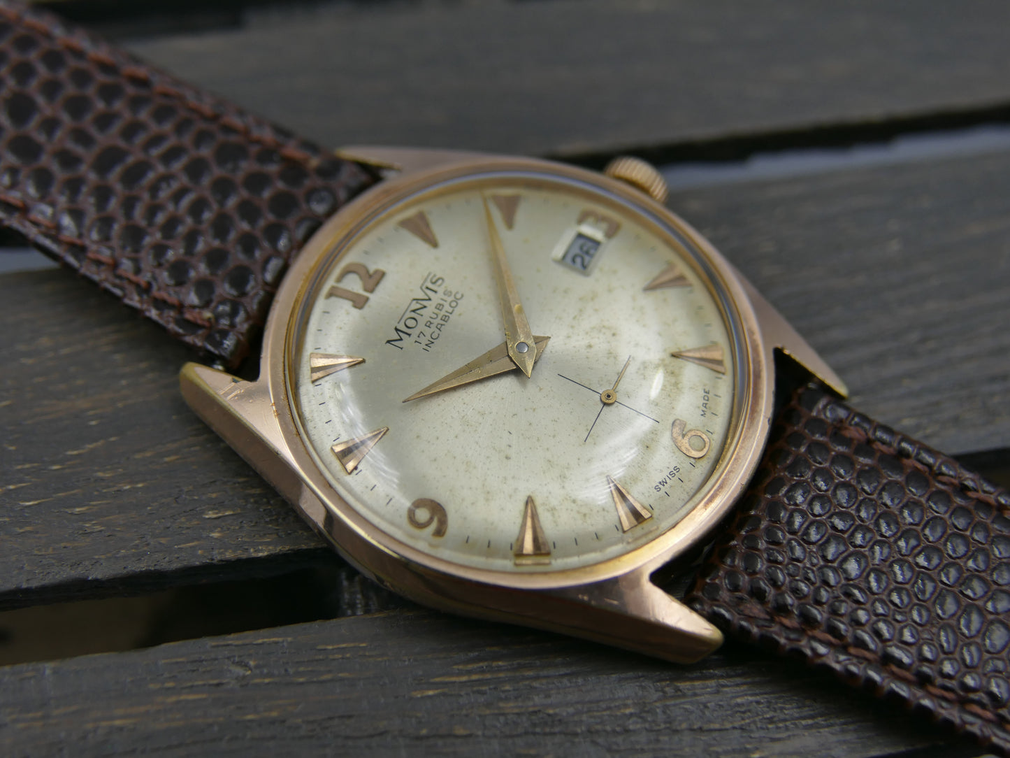 vintage watch mens swiss dress Monvis 408 gold pl