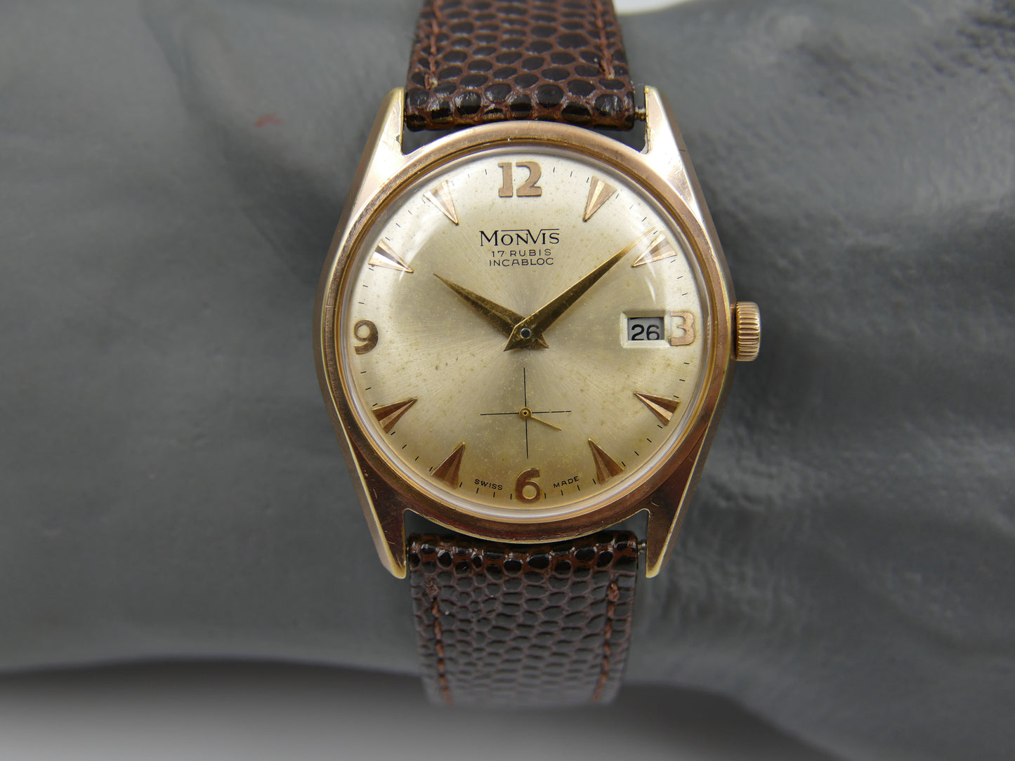 vintage watch mens swiss dress Monvis 408 gold pl