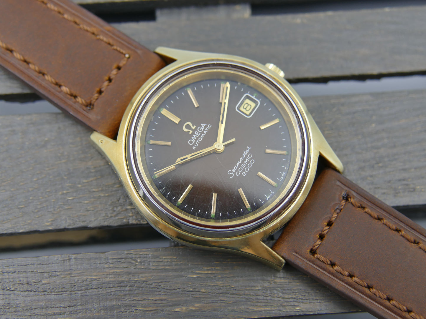70s vintage watch mens big Omega Seamaster Cosmic 2000 ref 166.128 automatic 1012 Brown Spider Dial 38mm