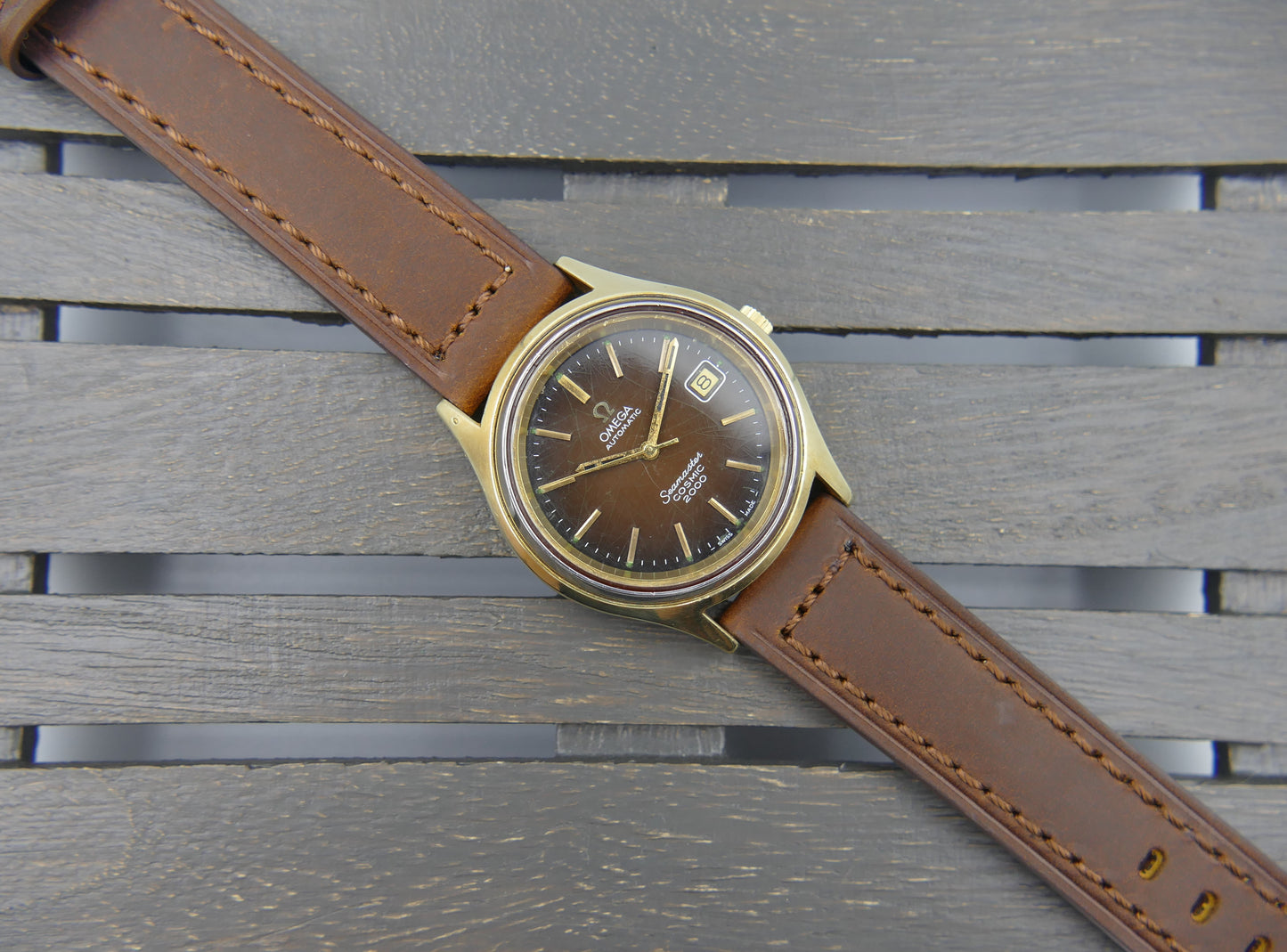70s vintage watch mens big Omega Seamaster Cosmic 2000 ref 166.128 automatic 1012 Brown Spider Dial 38mm