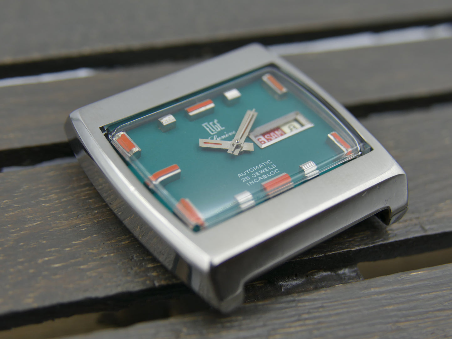 70s vintage watch mens swiss compressor Elgé geneve automatic 25 jewels green dial serviced