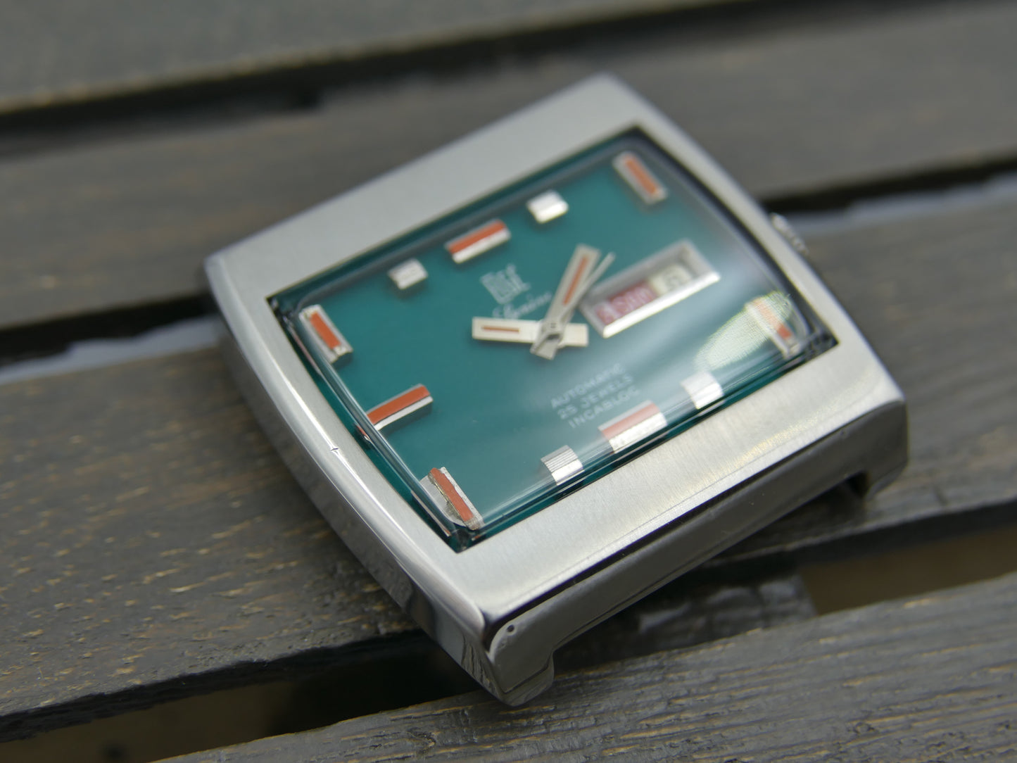 70s vintage watch mens swiss compressor Elgé geneve automatic 25 jewels green dial serviced