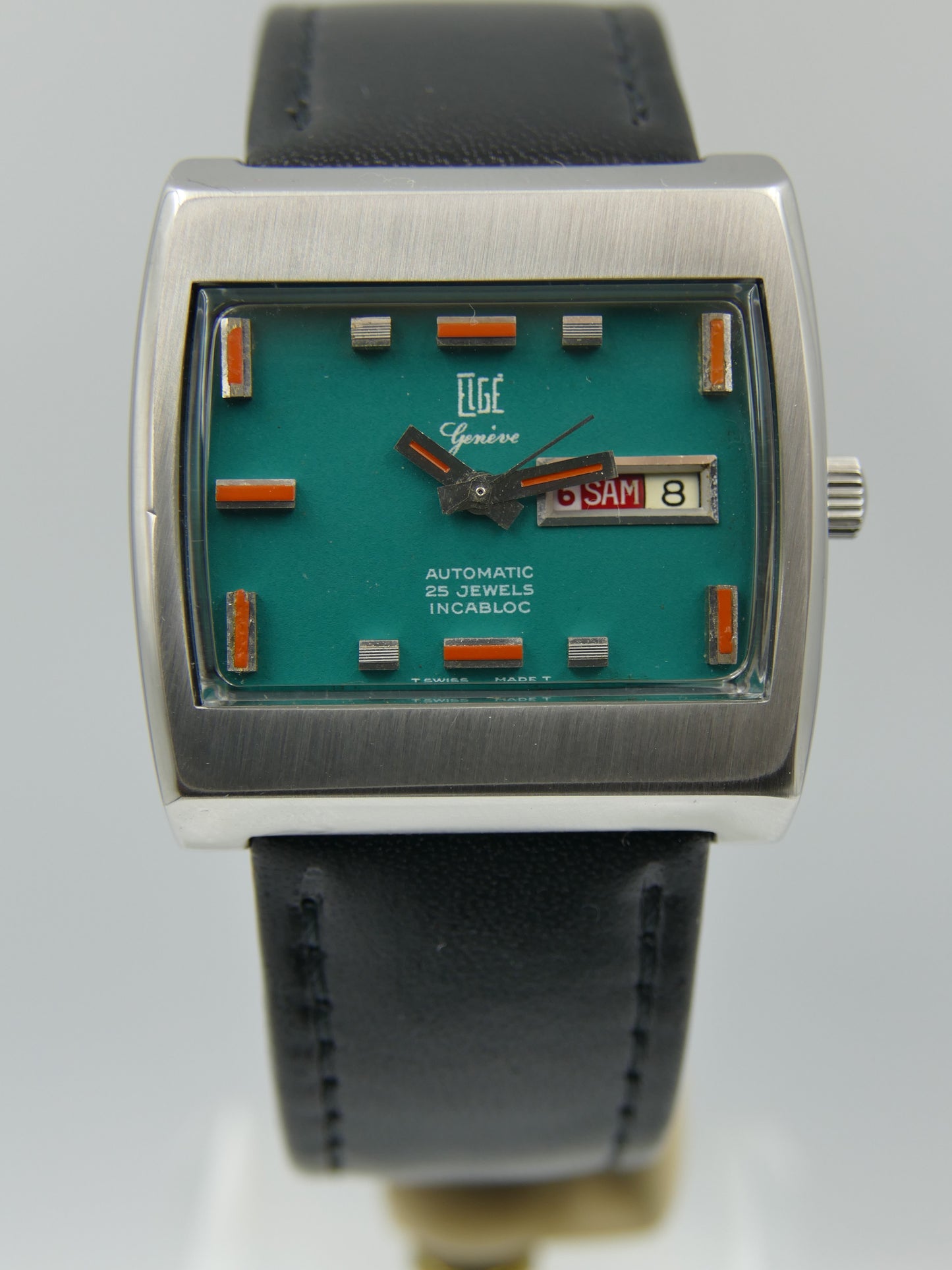 70s vintage watch mens swiss compressor Elgé geneve automatic 25 jewels green dial serviced