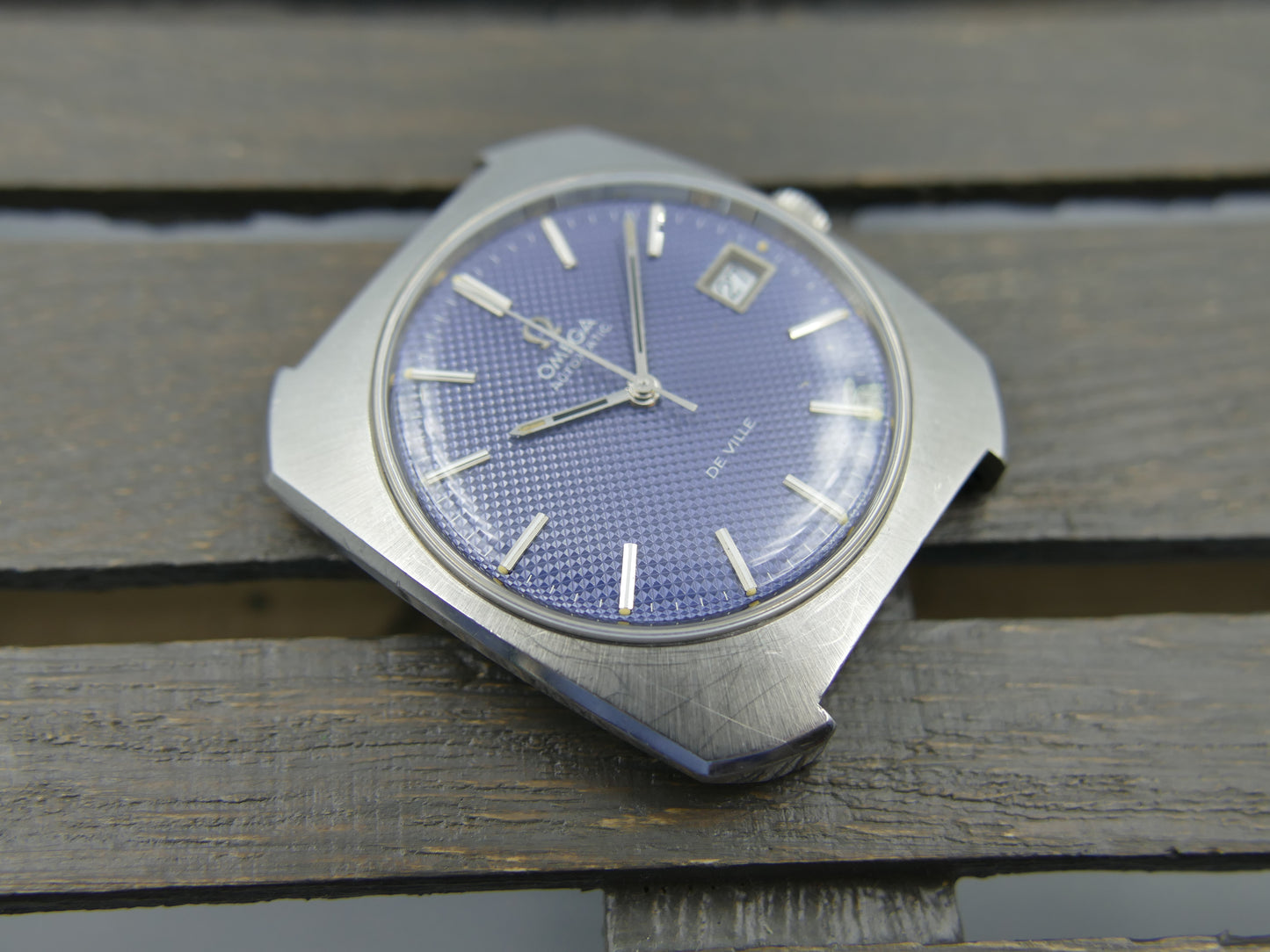 70s vintage watch mens Omega De Ville ref 166.085 automatic cal. 1002 waffle blue dial serviced