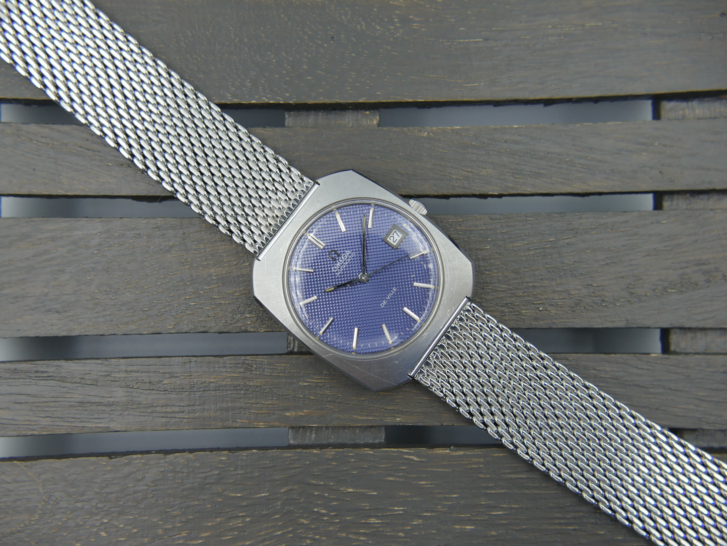 70s vintage watch mens Omega De Ville ref 166.085 automatic cal. 1002 waffle blue dial serviced