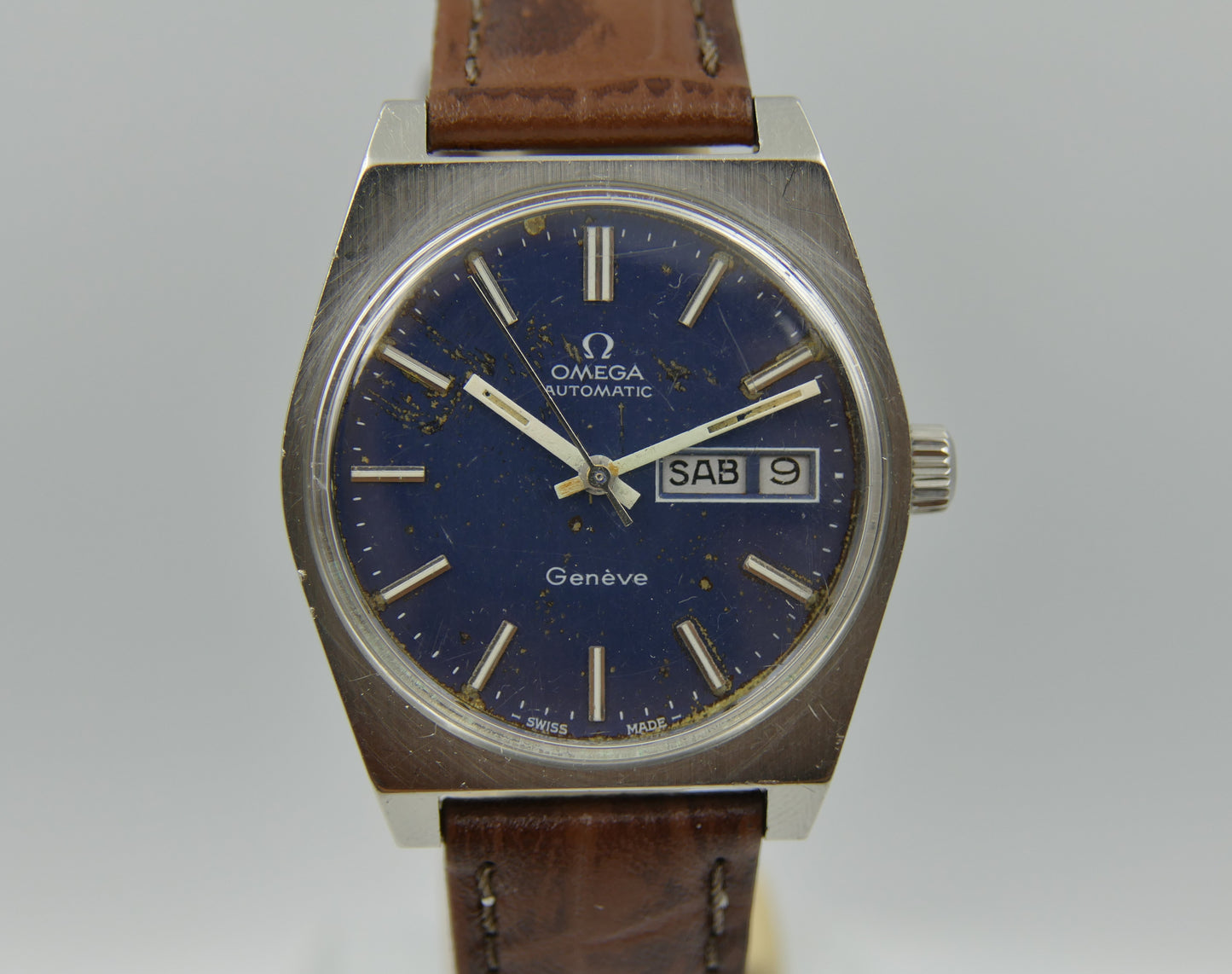 70’s vintage watch mens Omega Geneve ref 166.0120 automatic cal 1022 blue serviced