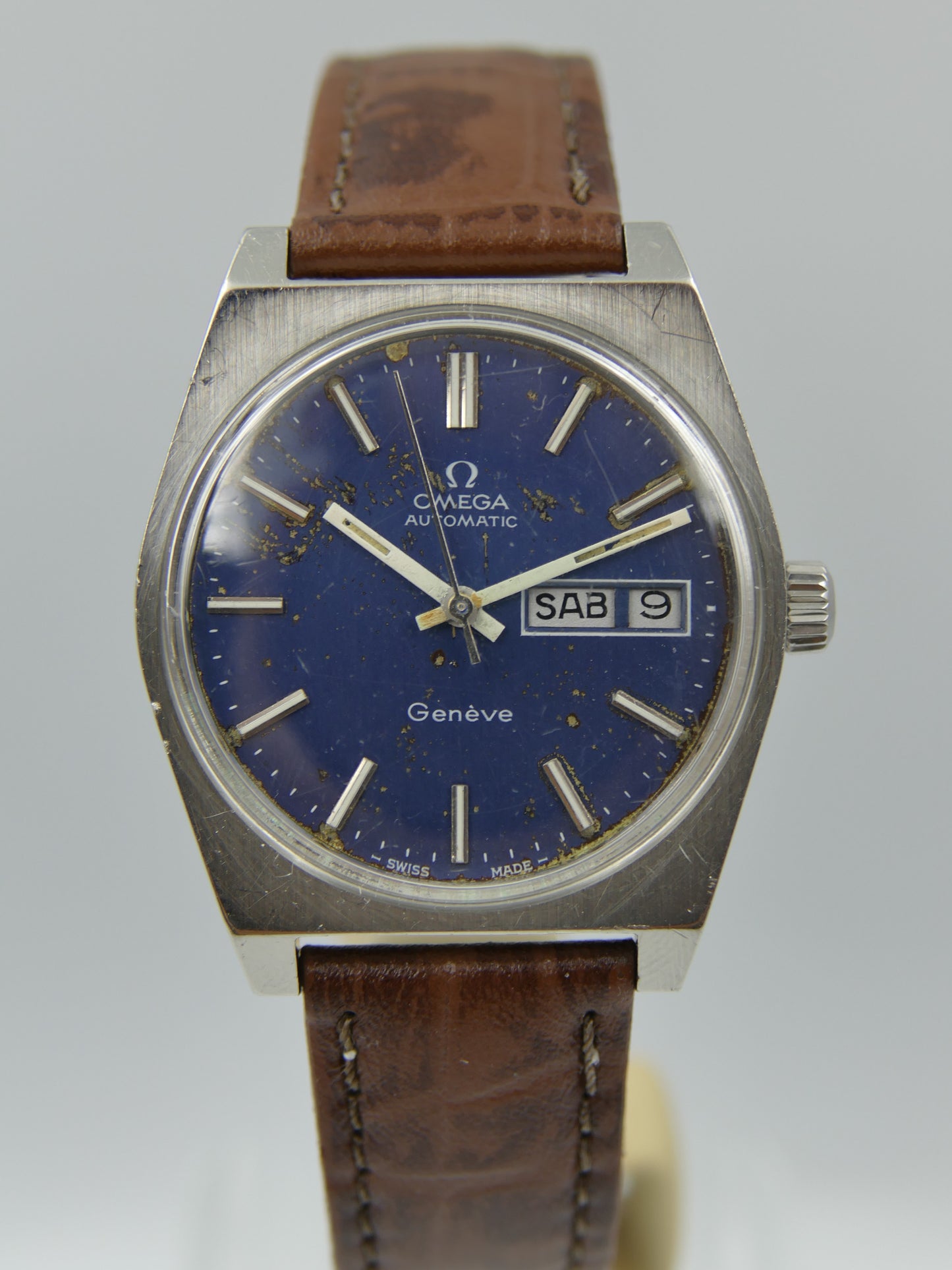 70’s vintage watch mens Omega Geneve ref 166.0120 automatic cal 1022 blue serviced
