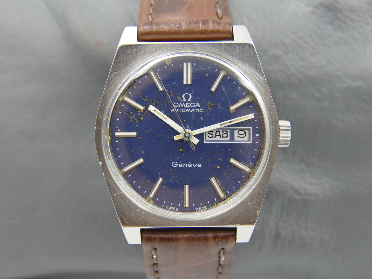 70’s vintage watch mens Omega Geneve ref 166.0120 automatic cal 1022 blue serviced