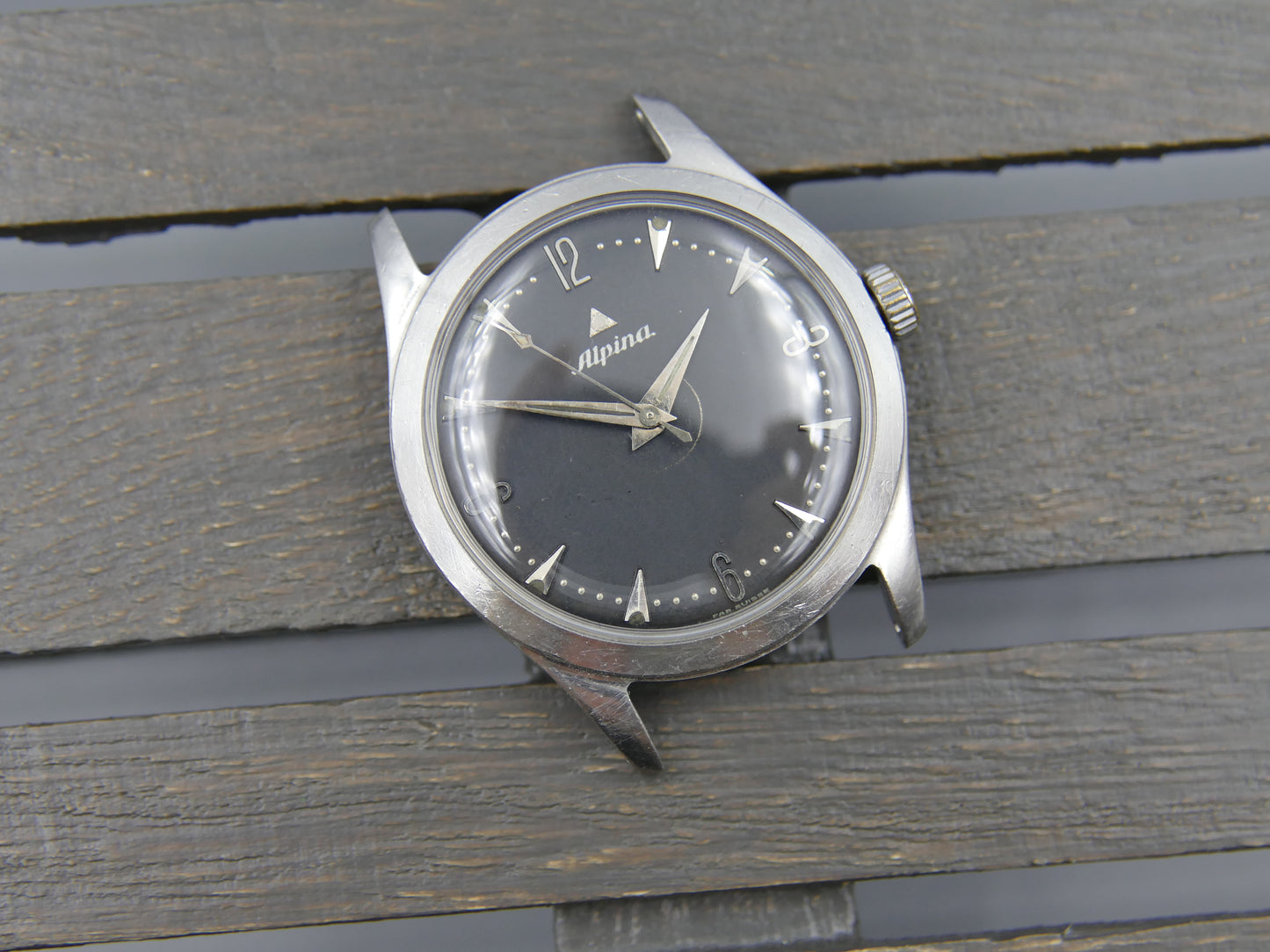 50s vintage watch mens Alpina black dial manual wind cal 598 SS serviced