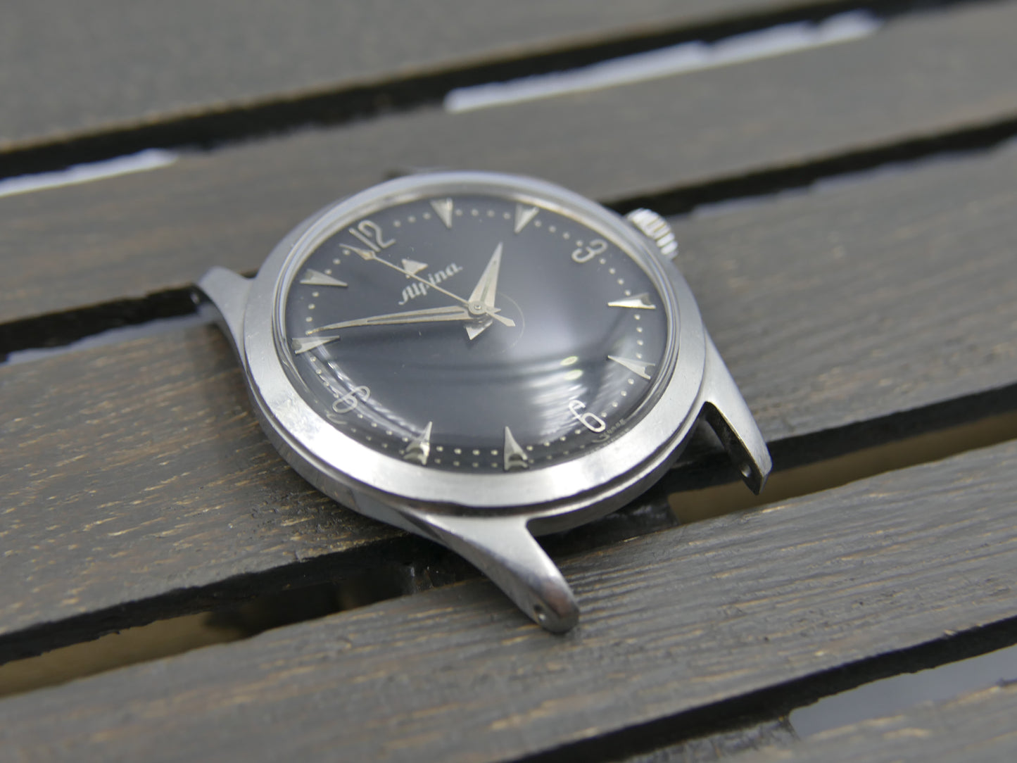 50s vintage watch mens Alpina black dial manual wind cal 598 SS serviced