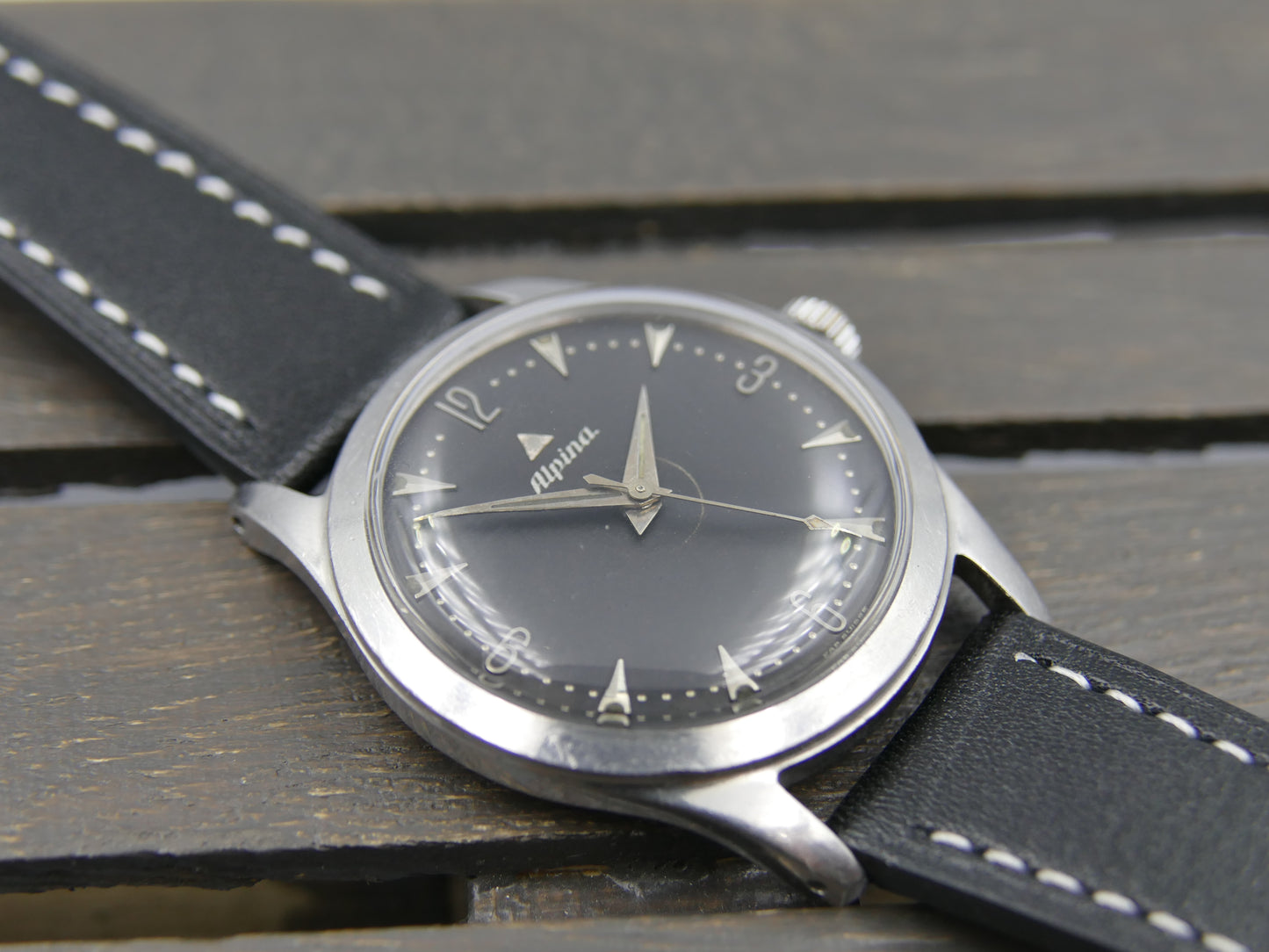 50s vintage watch mens Alpina black dial manual wind cal 598 SS serviced