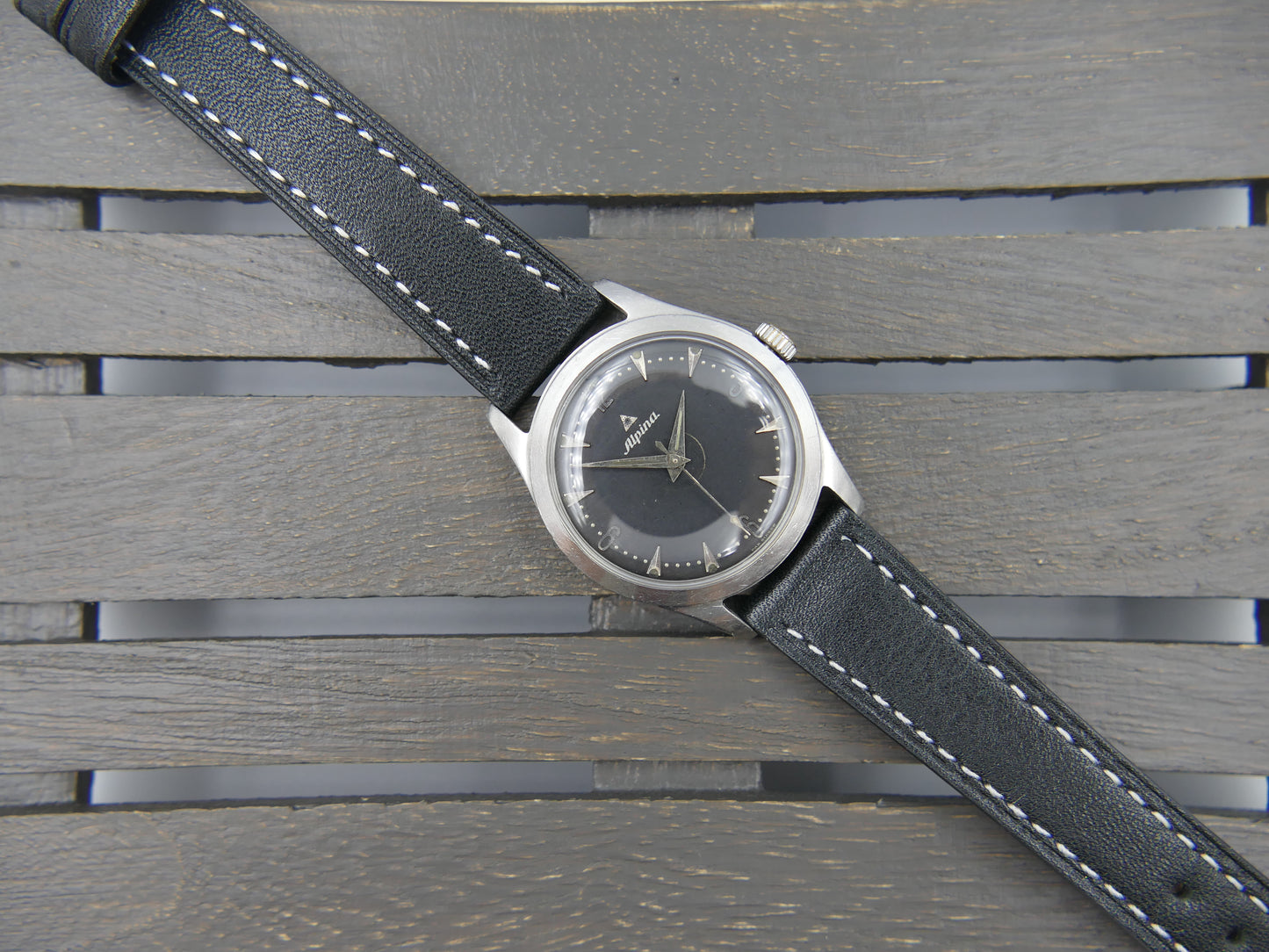 50s vintage watch mens Alpina black dial manual wind cal 598 SS serviced