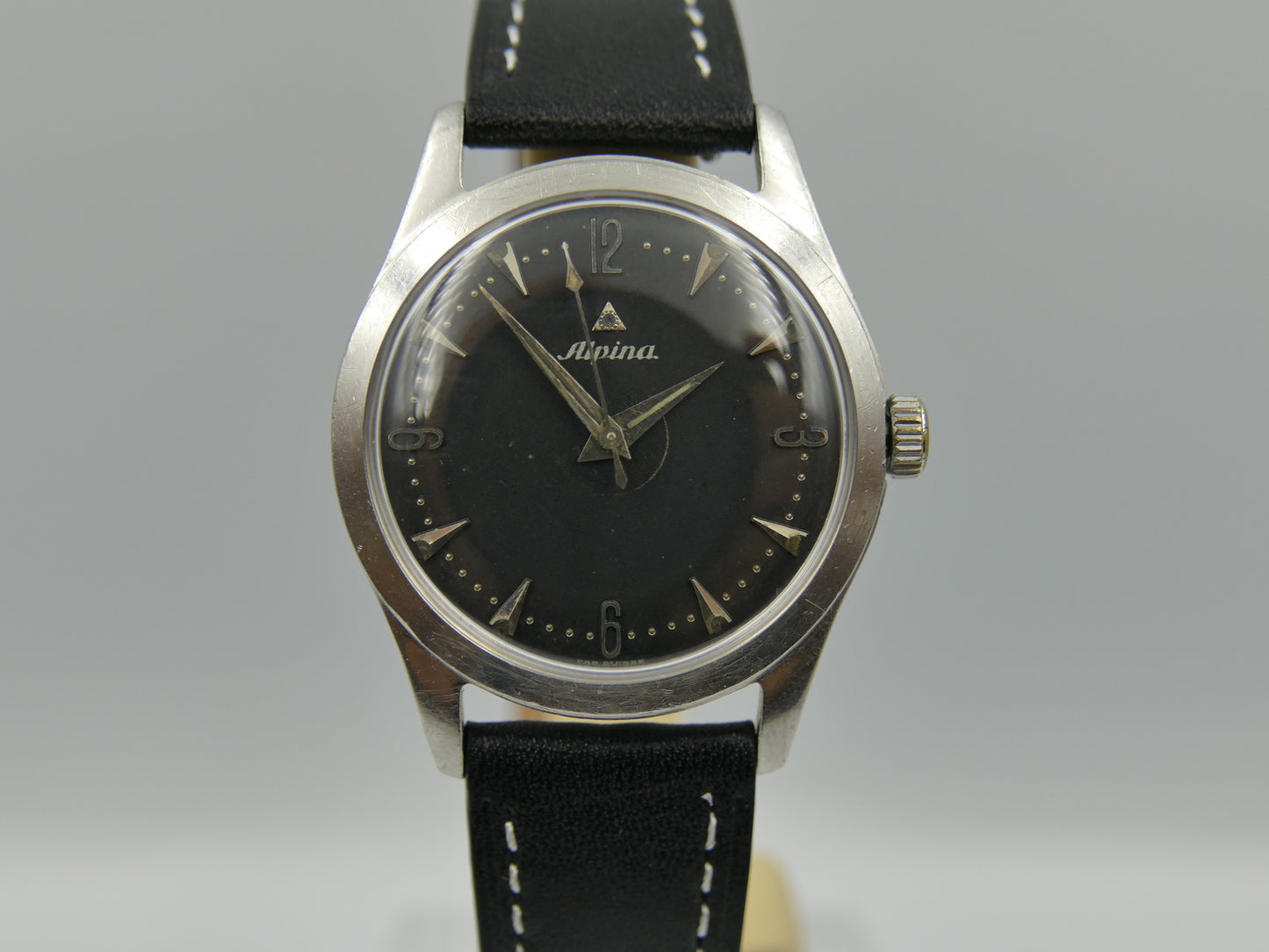 50s vintage watch mens Alpina black dial manual wind cal 598 SS serviced