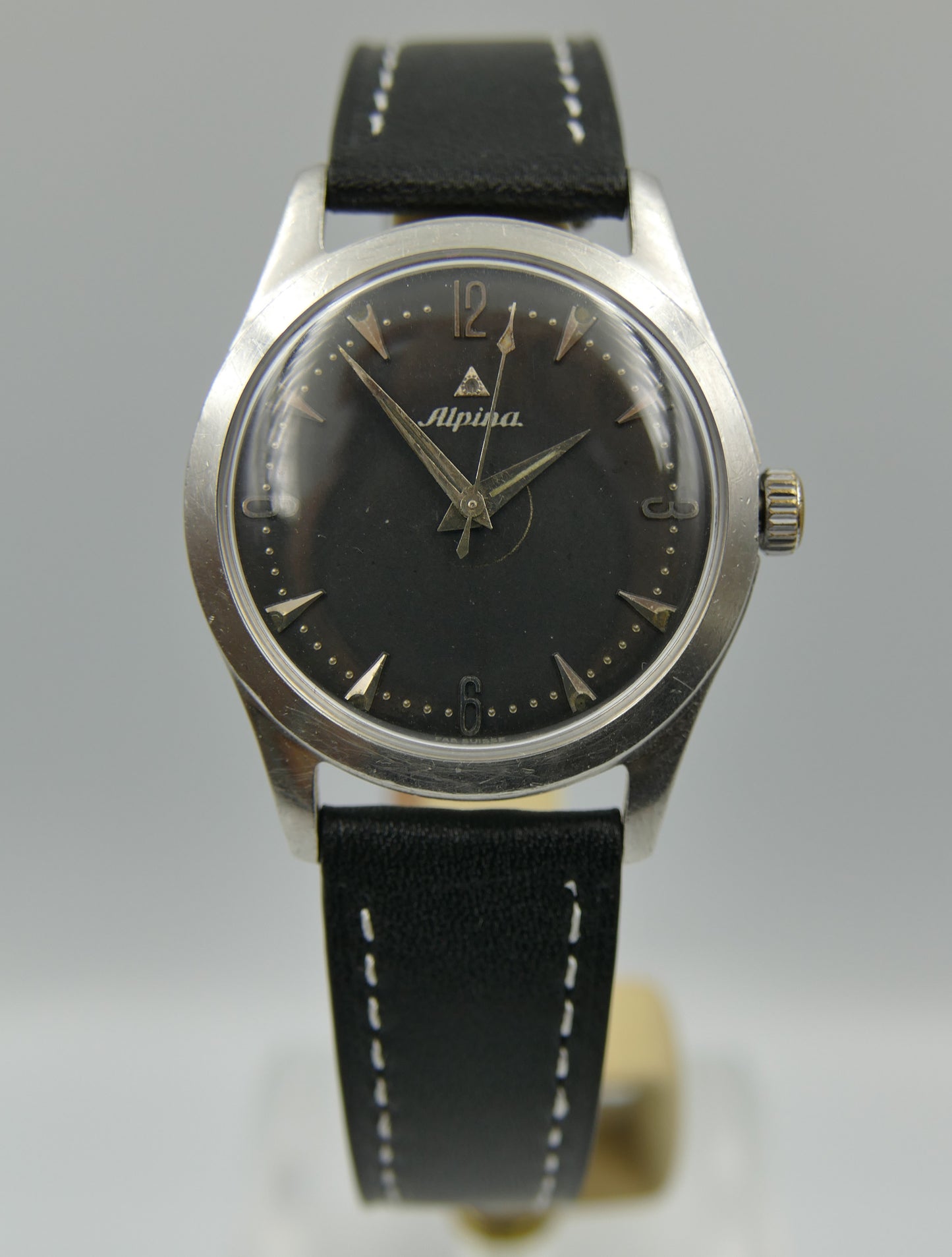 50s vintage watch mens Alpina black dial manual wind cal 598 SS serviced