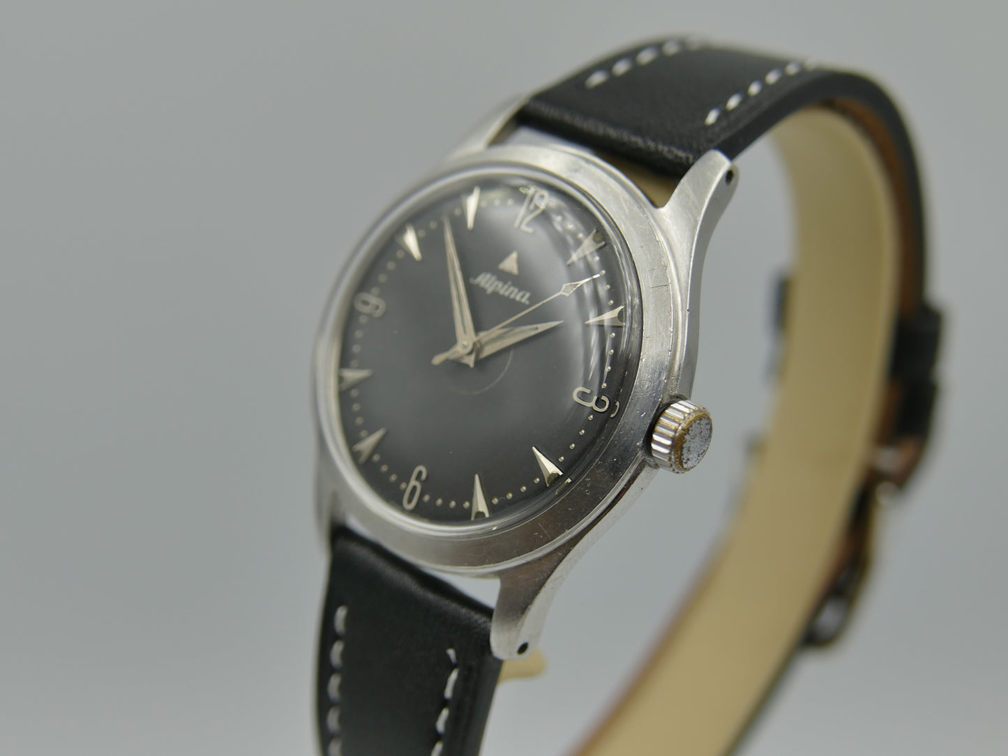 50s vintage watch mens Alpina black dial manual wind cal 598 SS serviced