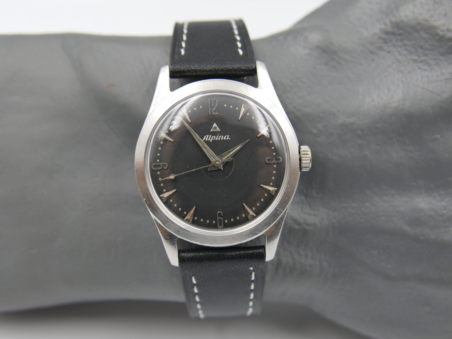 50s vintage watch mens Alpina black dial manual wind cal 598 SS serviced
